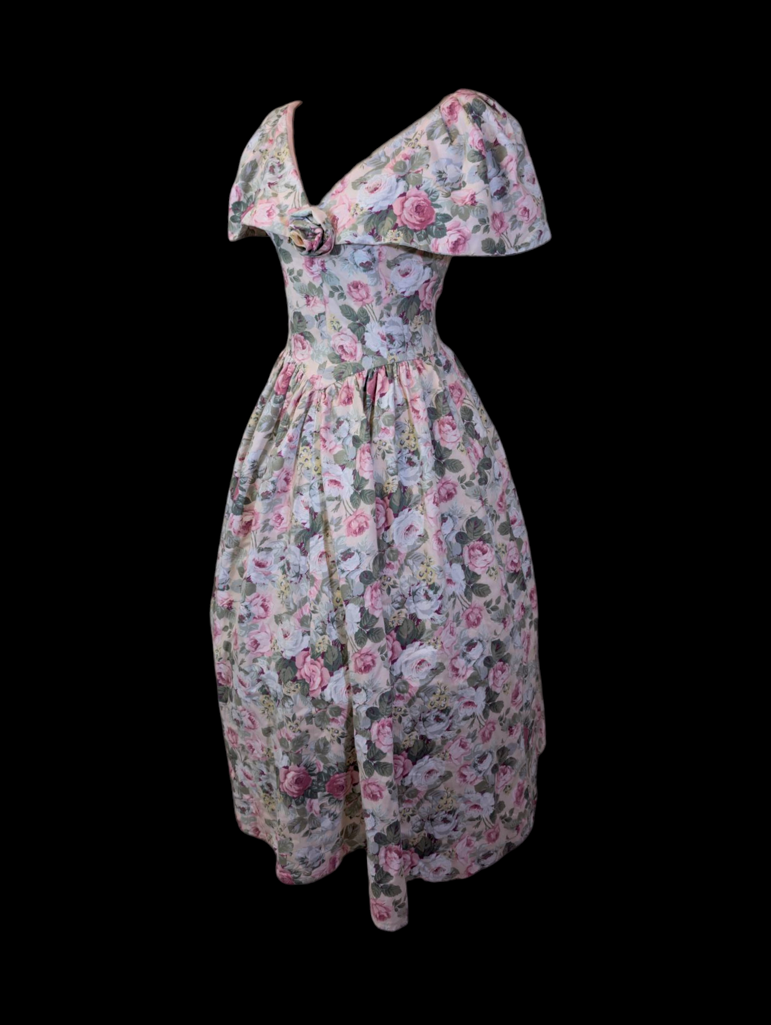 1980s Pink Off the Shoulder Floral Princess Drop Waist Pleated Dress w HobbyBobbins 1980s Pink Off the Shoulder Floral Princess Drop Waist Pleated Dress w HobbyBobbins