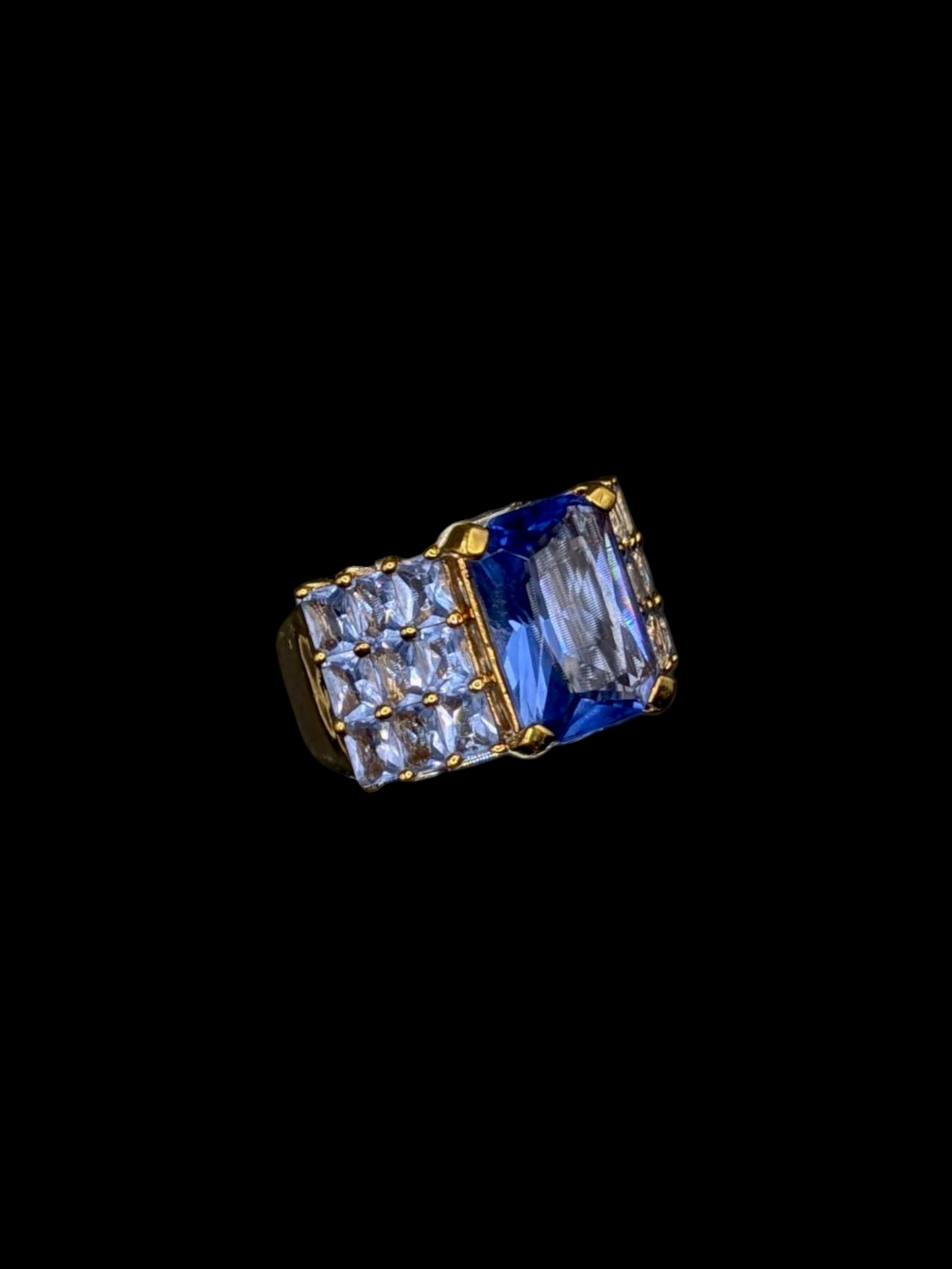 Vintage Chateau D'Argent Rectangular Radiant Cut Simulated Blue Sapphire Solitaire with Matching Accents Gold Over Sterling Silver Statement Cocktail Ring