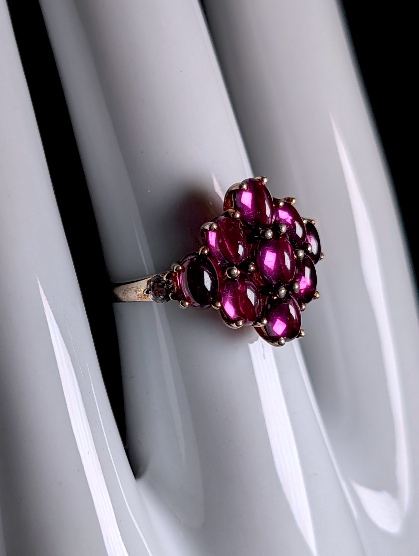 Vintage Cabochon Cluster Genuine Raspberry Garnet with White Topaz Accents Sterling Silver Ring