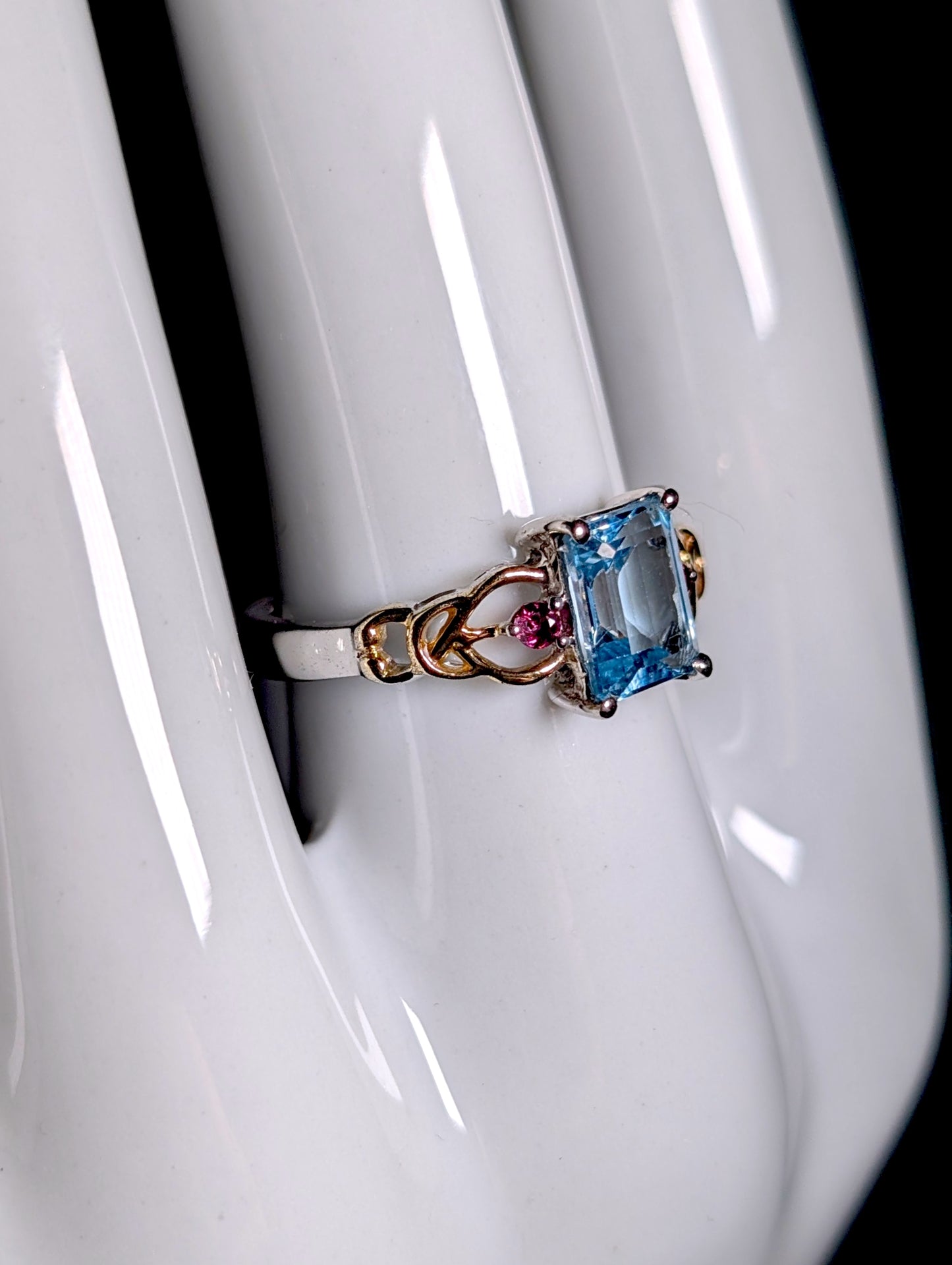 Vintage Emerald Cut Genuine Topaz and Pink Tourmaline 14k Yellow Gold and Sterling Silver Ring