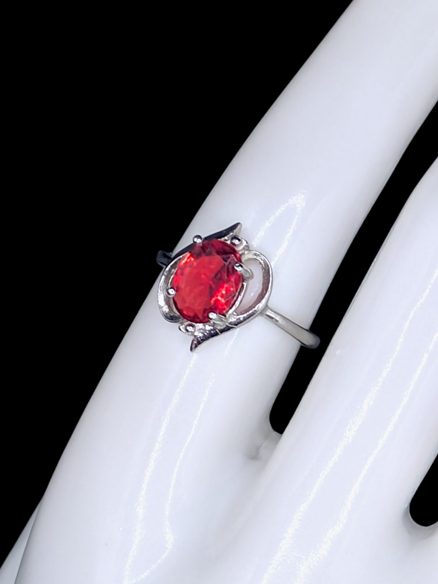 Vintage Inspired Oval Cut Simulated Ruby Solitaire Silver Toned Crossover Ring