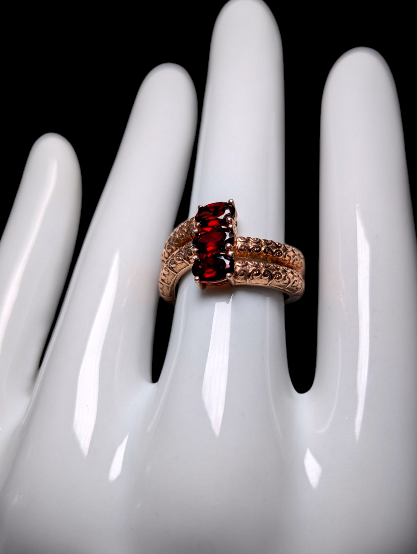 Vintage Three Stone Oval Cut Genuine Garnet Rose Gold Over Sterling Silver Ring