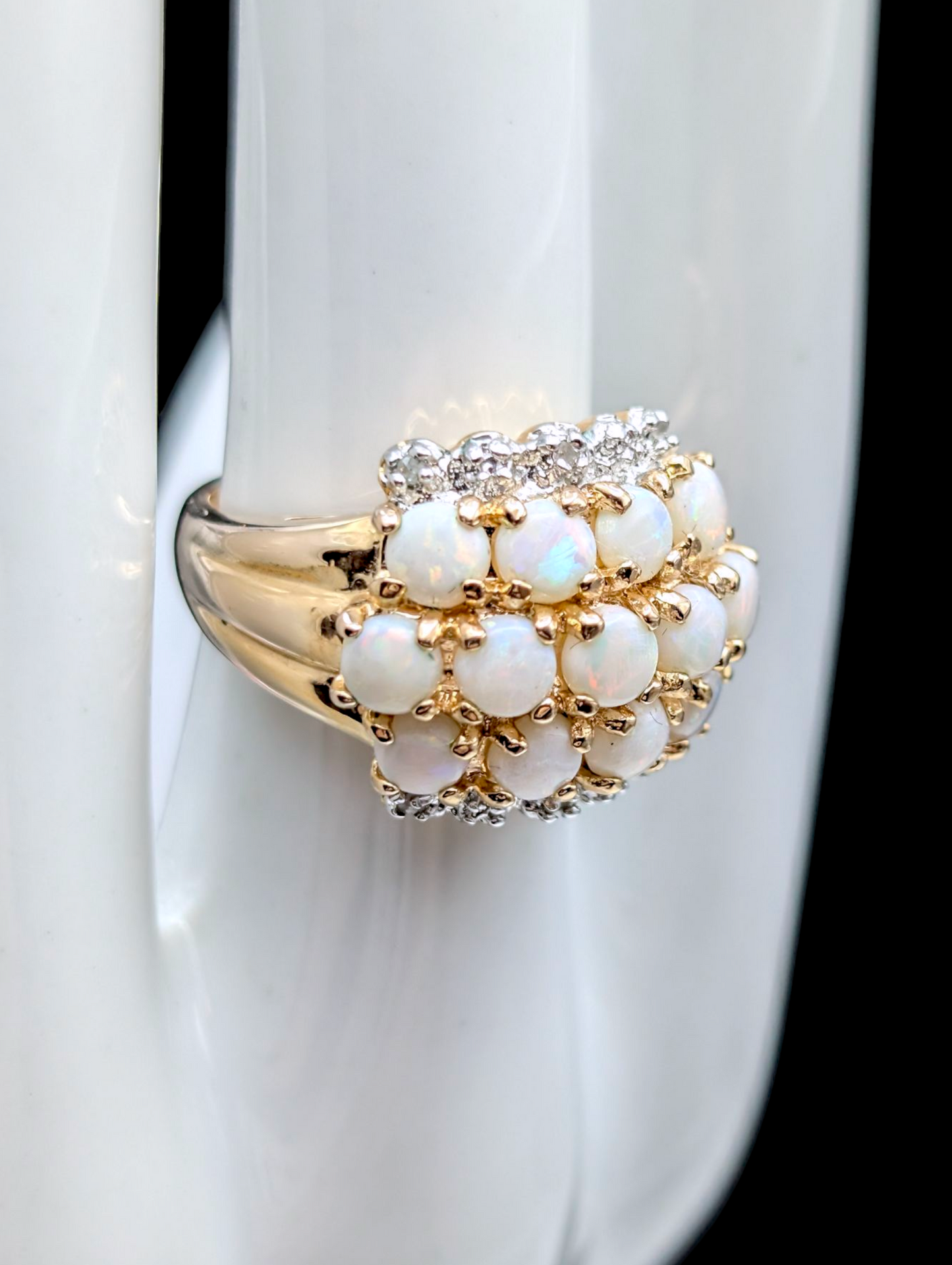Vintage Genuine Opal and Diamond Accent Cluster 14k Gold Vermeil Statement Cocktail Ring