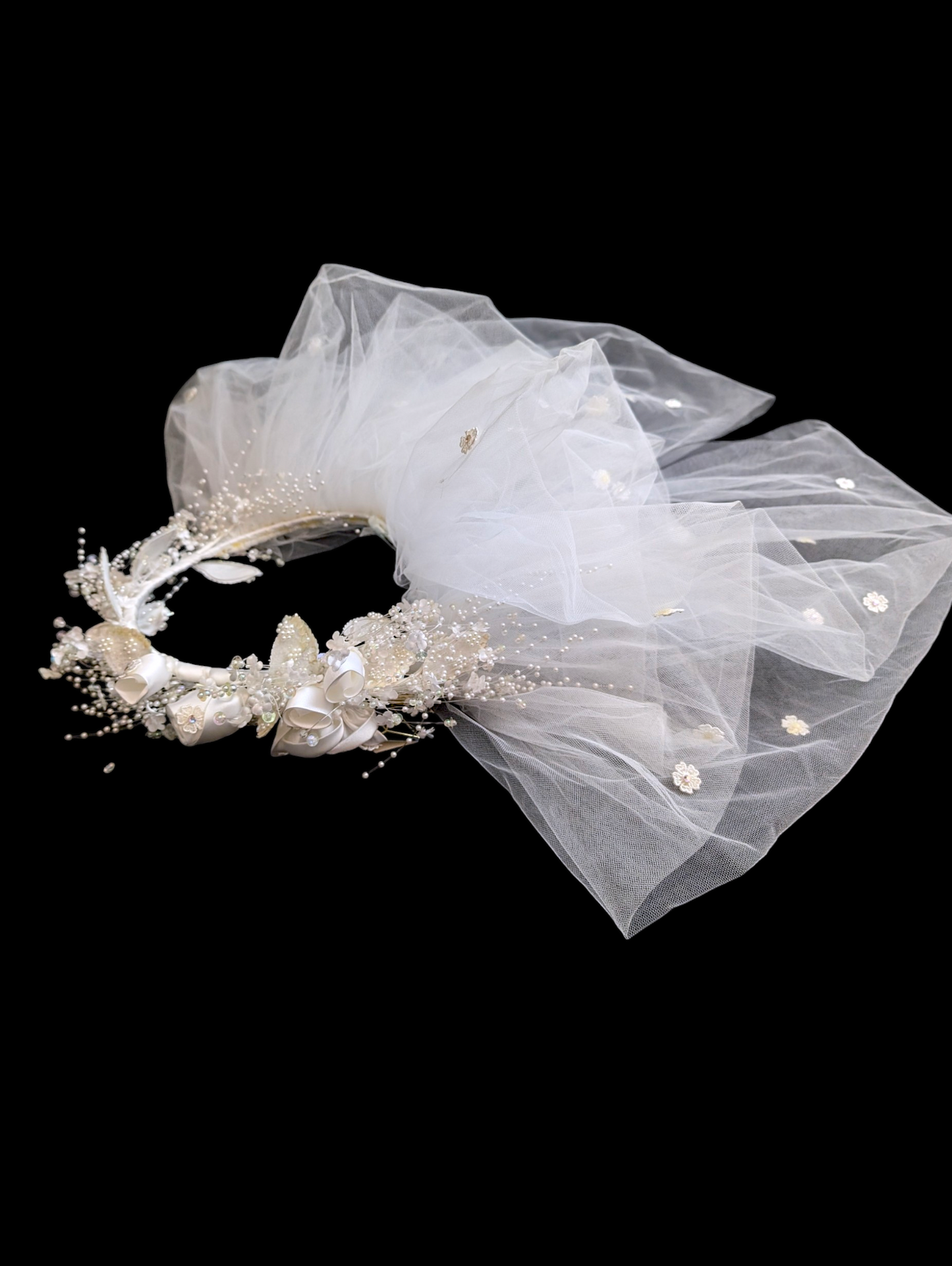 1980s Poofy Bow Veil with Romantic Flower Headpiece Crown Decorated with Sequins and Pearls