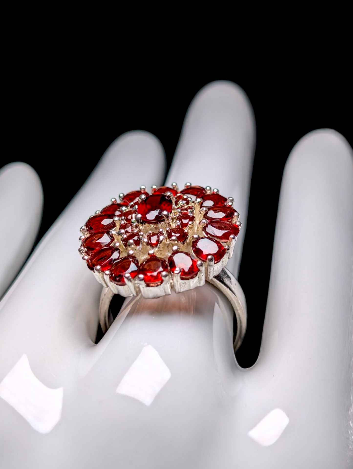 Vintage Oval Cut Genuine Pyrope Garnet Cluster Sterling Silver Statement Ring