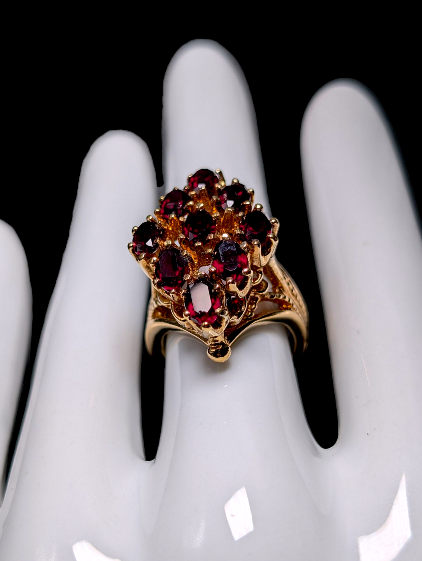 Vintage Oval Cut Cluster Simulated Garnet 14K HGE Gold Espo Statement Cocktail Ring