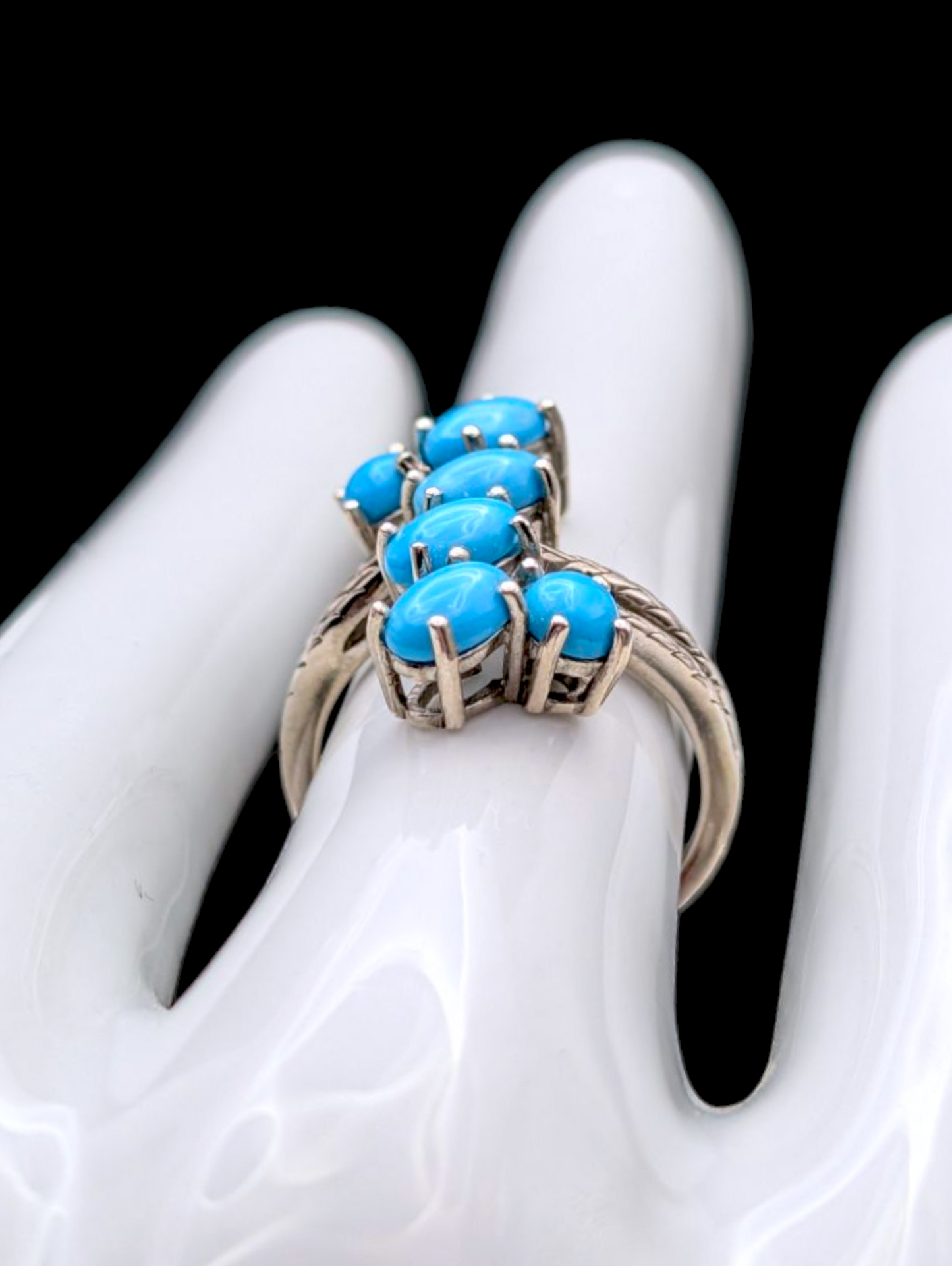 Vintage Cluster Cabochon Genuine Sleeping Beauty Turquoise Split Shank Sterling Silver Ring