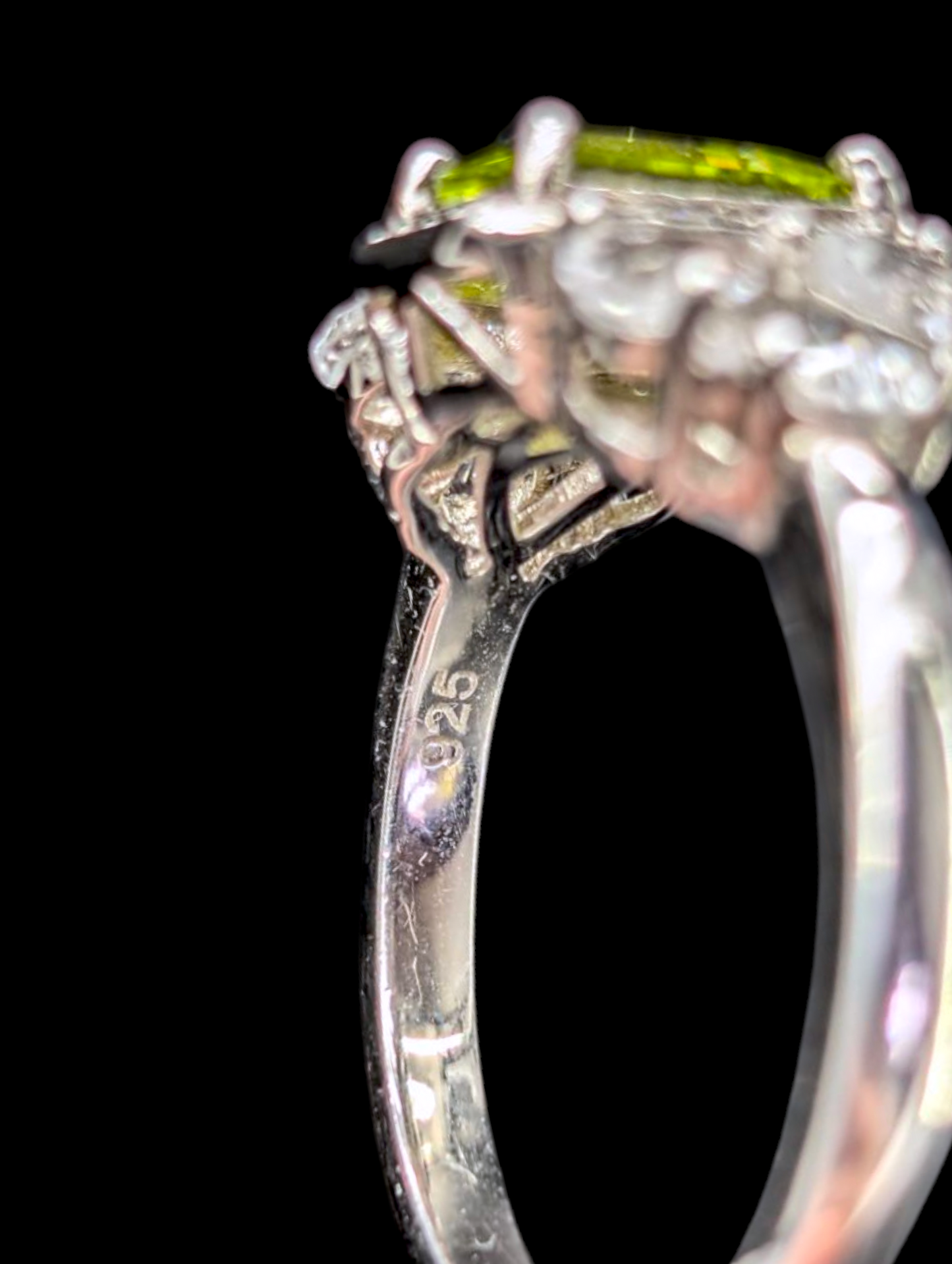 Vintage Emerald Cut Earth Mined Genuine Peridot and White Topaz Halo Sterling Silver Ring
