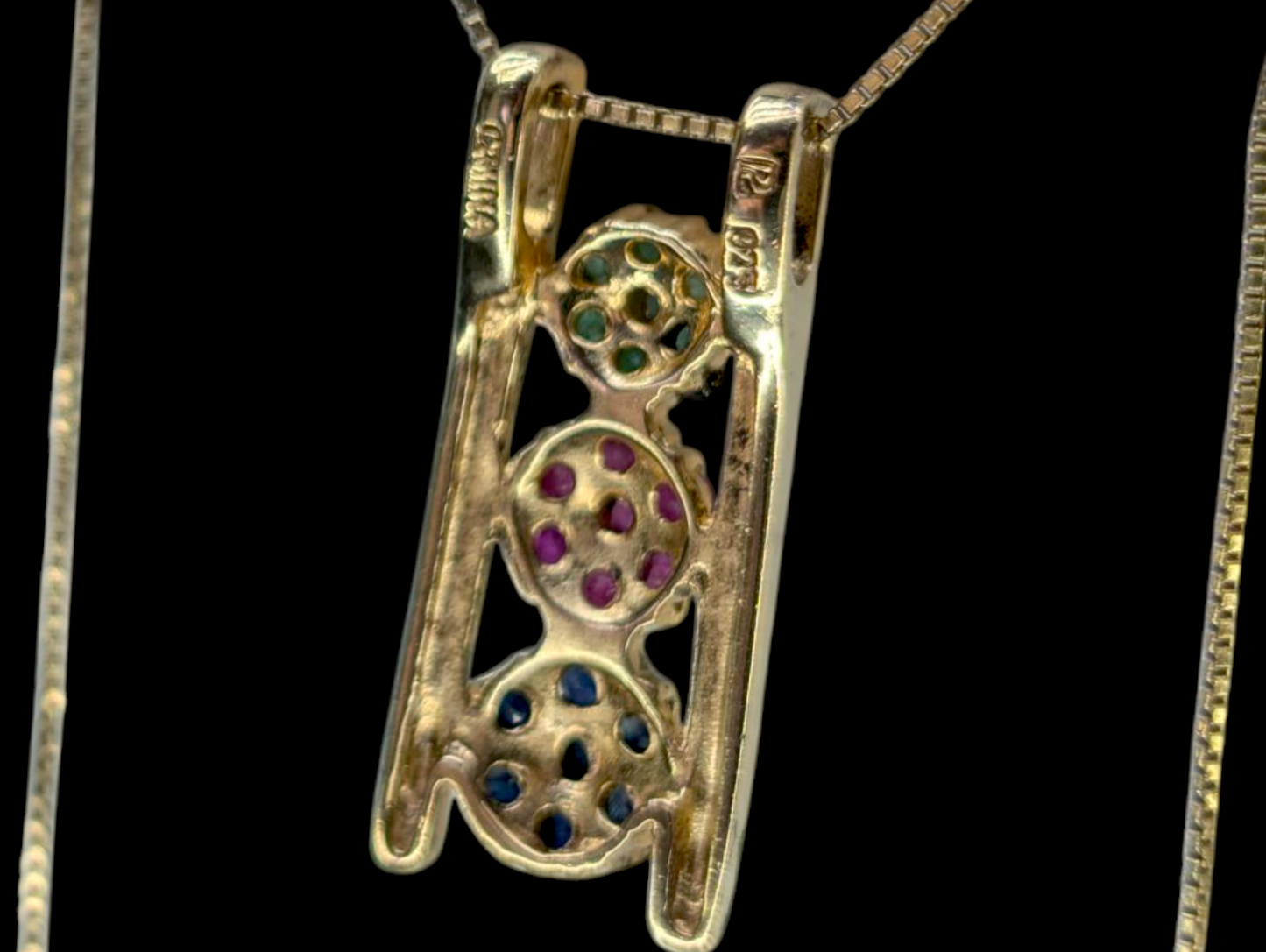 Vintage 18k Gold Vermeil Earth Mined Genuine Emerald, Ruby and Sapphire Flower Ladder Pendant and Gold Over Sterling Silver Chain Necklace