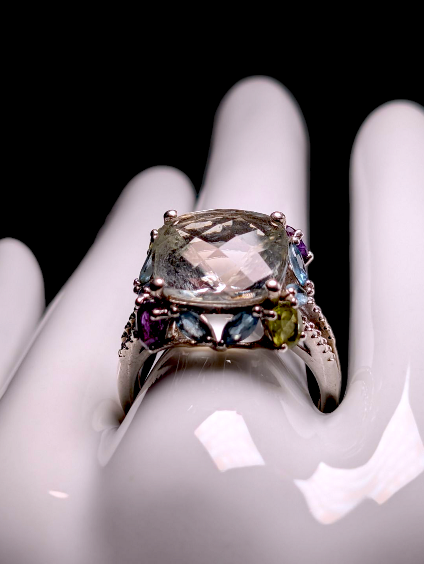 Vintage Multi-Gemstone 9 Carat Solitaire Genuine Prasiolite, Topaz, Amethyst and Peridot Sterling Silver Statement Ring