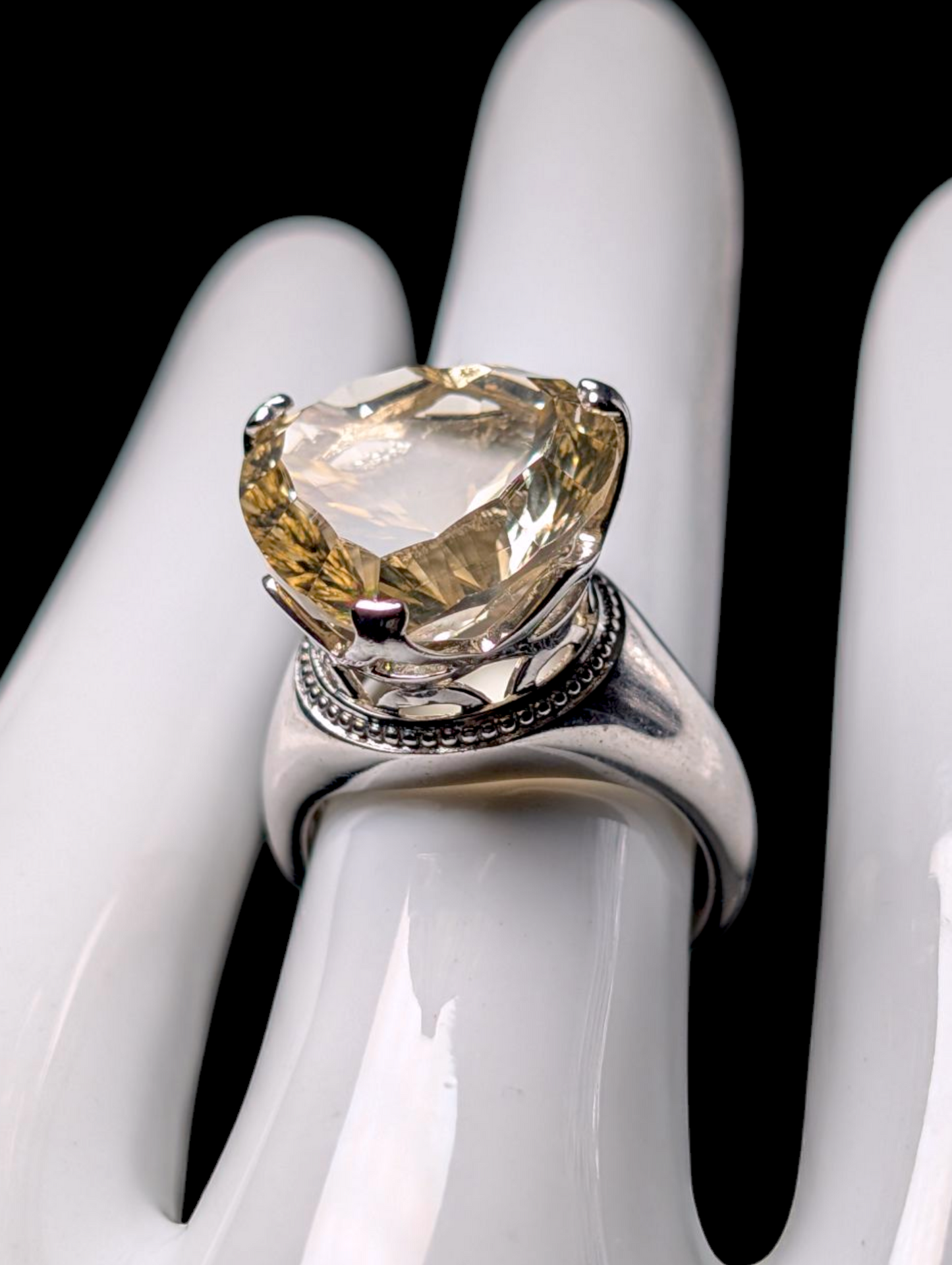 Vintage Heart Cut Genuine Yellow Labradorite Solitaire Sterling Silver Statement Ring