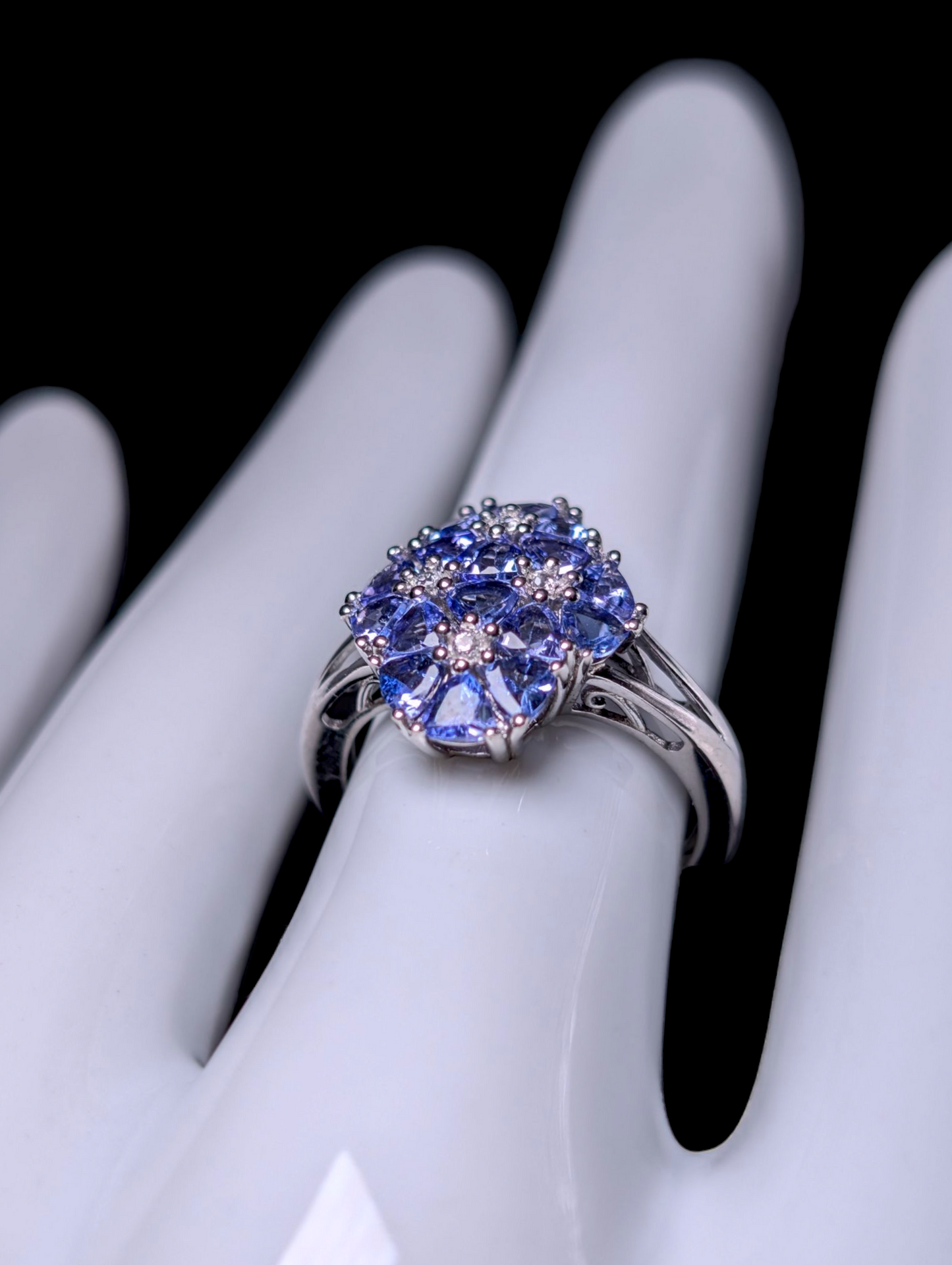 Vintage Flower Cluster Genuine Tanzanite and White Zircon Sterling Silver Ring