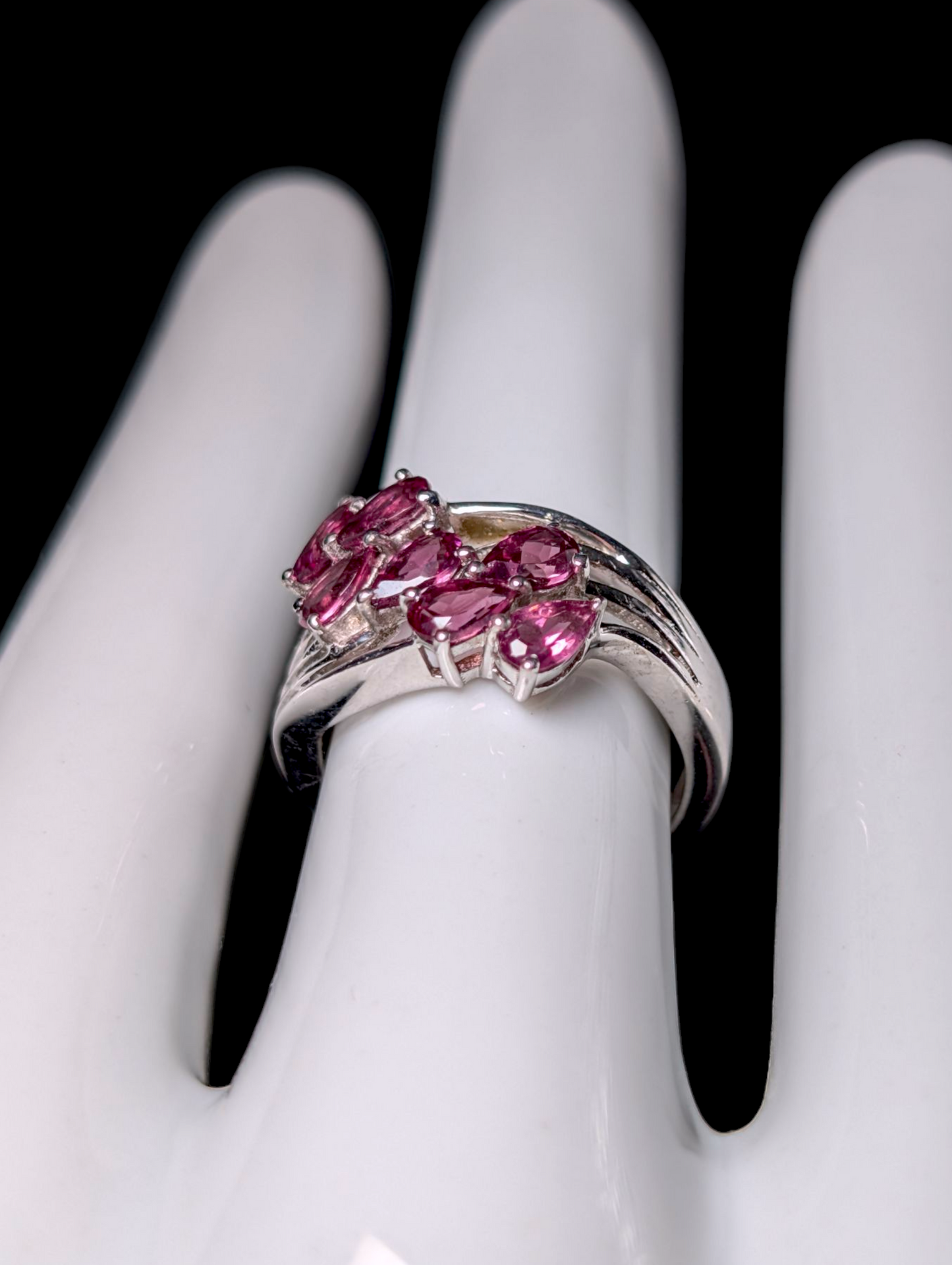 Vintage 1.75 Carat Pear Cut Genuine Pink Tourmaline Sterling Silver Wave Design Ring