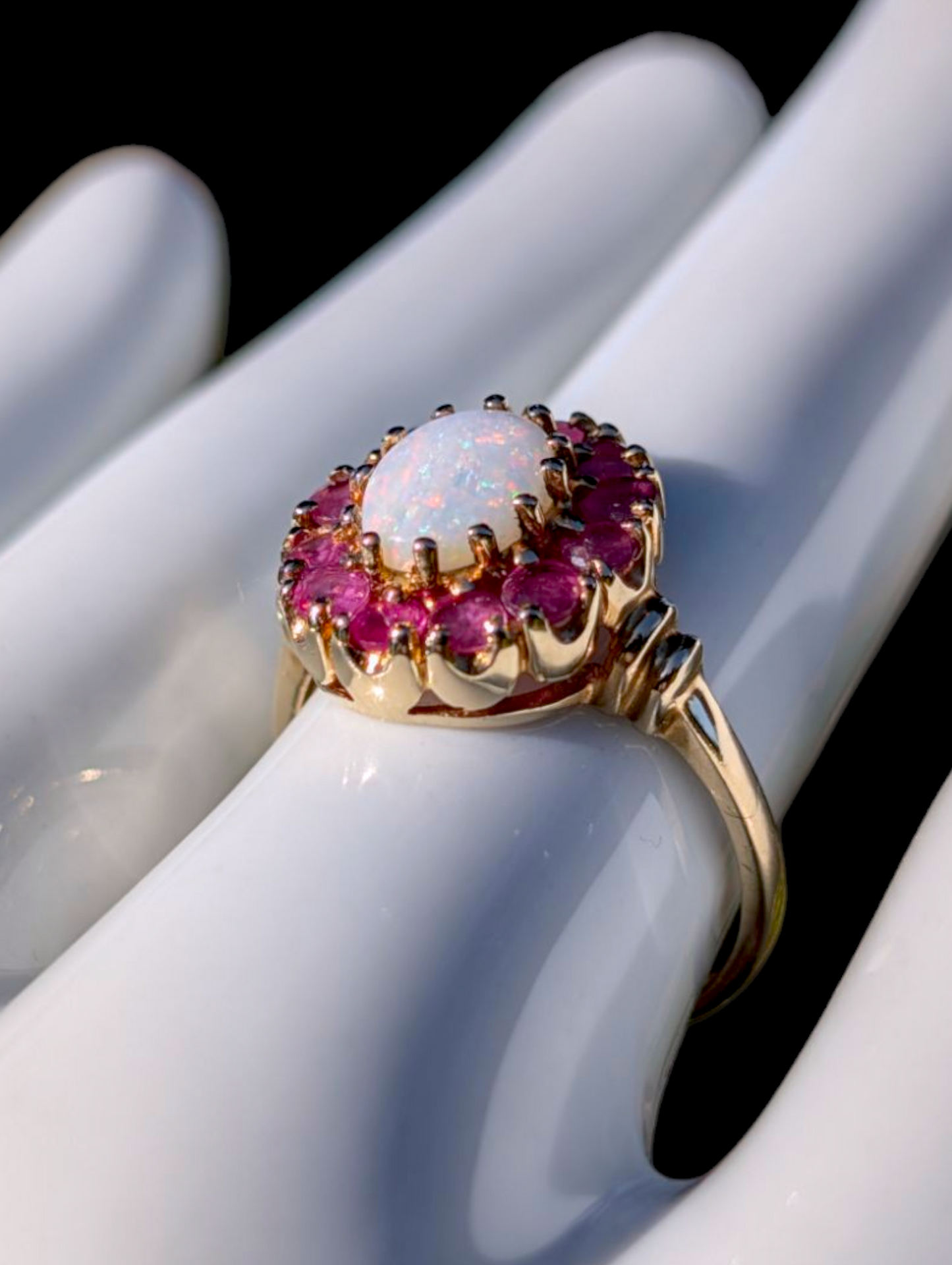 Vintage 10K Gold Earth Mined Genuine Australian Opal and Ruby Halo Ring