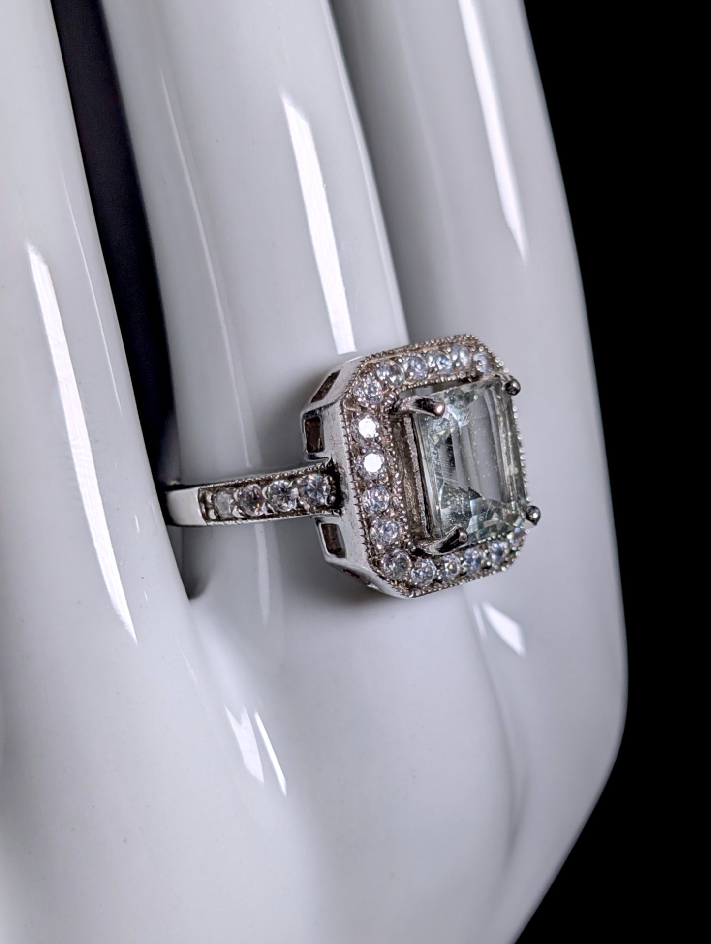 Vintage Radiant Genuine Aquamarine Solitaire with Halo Sterling Silver Ring