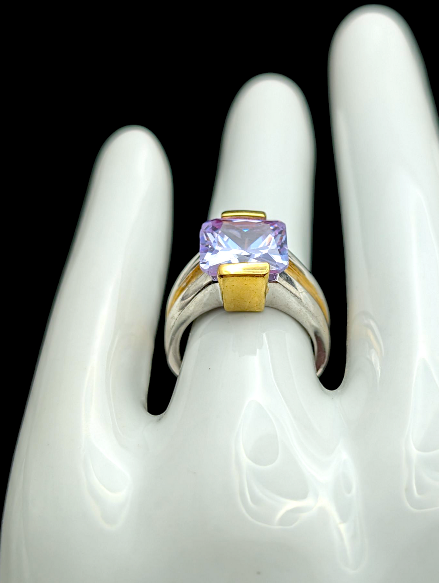 Vintage 1980s Style Princess Cut Solitaire Simulated Lavender Amethyst Silver and Gold Toned Ring