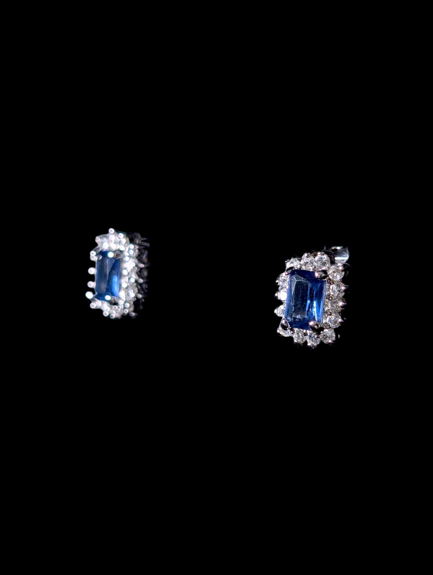 Vintage Inspired Simulated Emerald Cut Sapphire with Simulated Diamond Halo Sterling Silver Stud Earrings