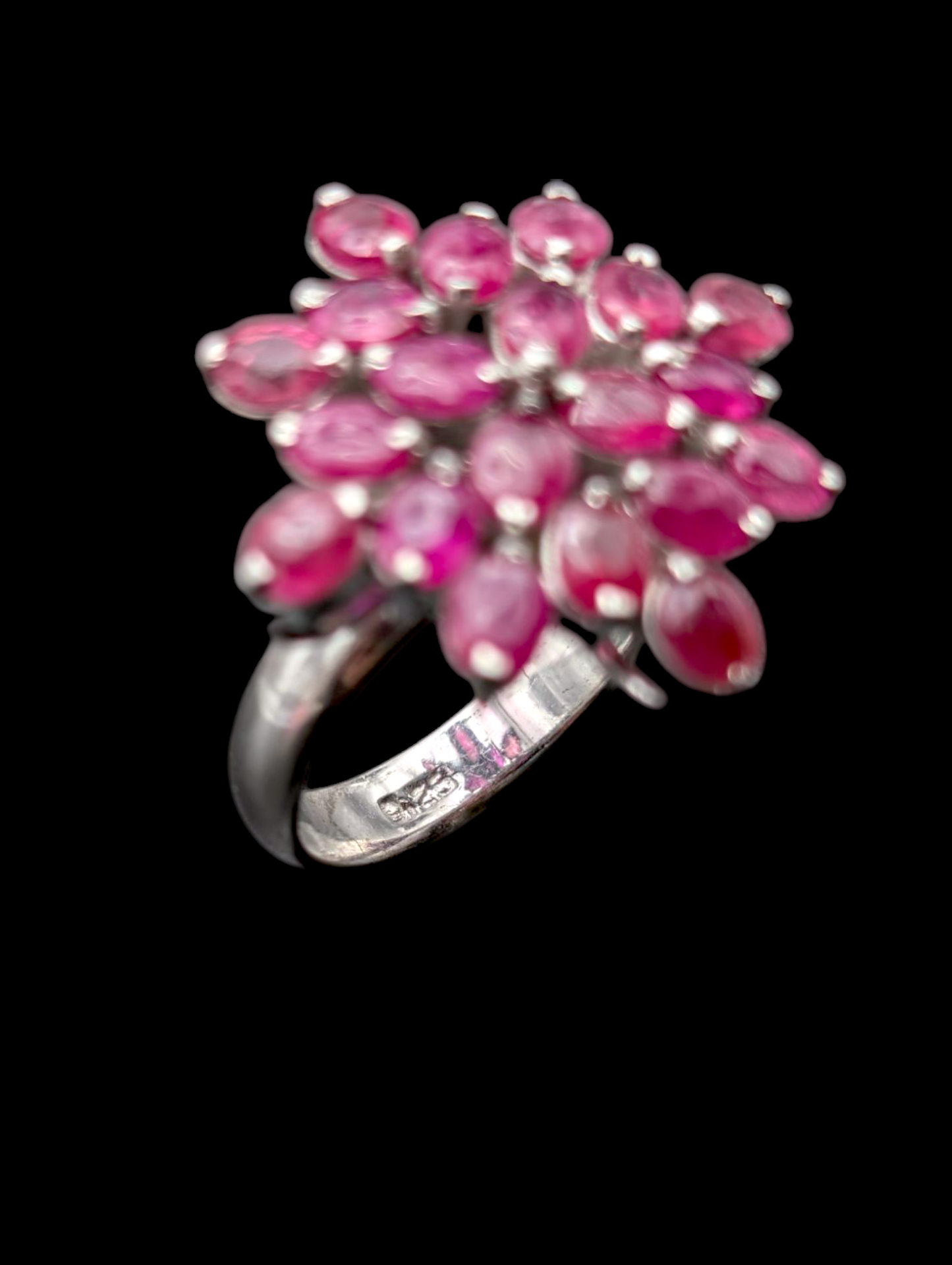 Vintage 8+ Carat Prong Set Earth Mined Genuine Ruby Cluster Starburst Rhodium over Sterling Silver Statement Ring