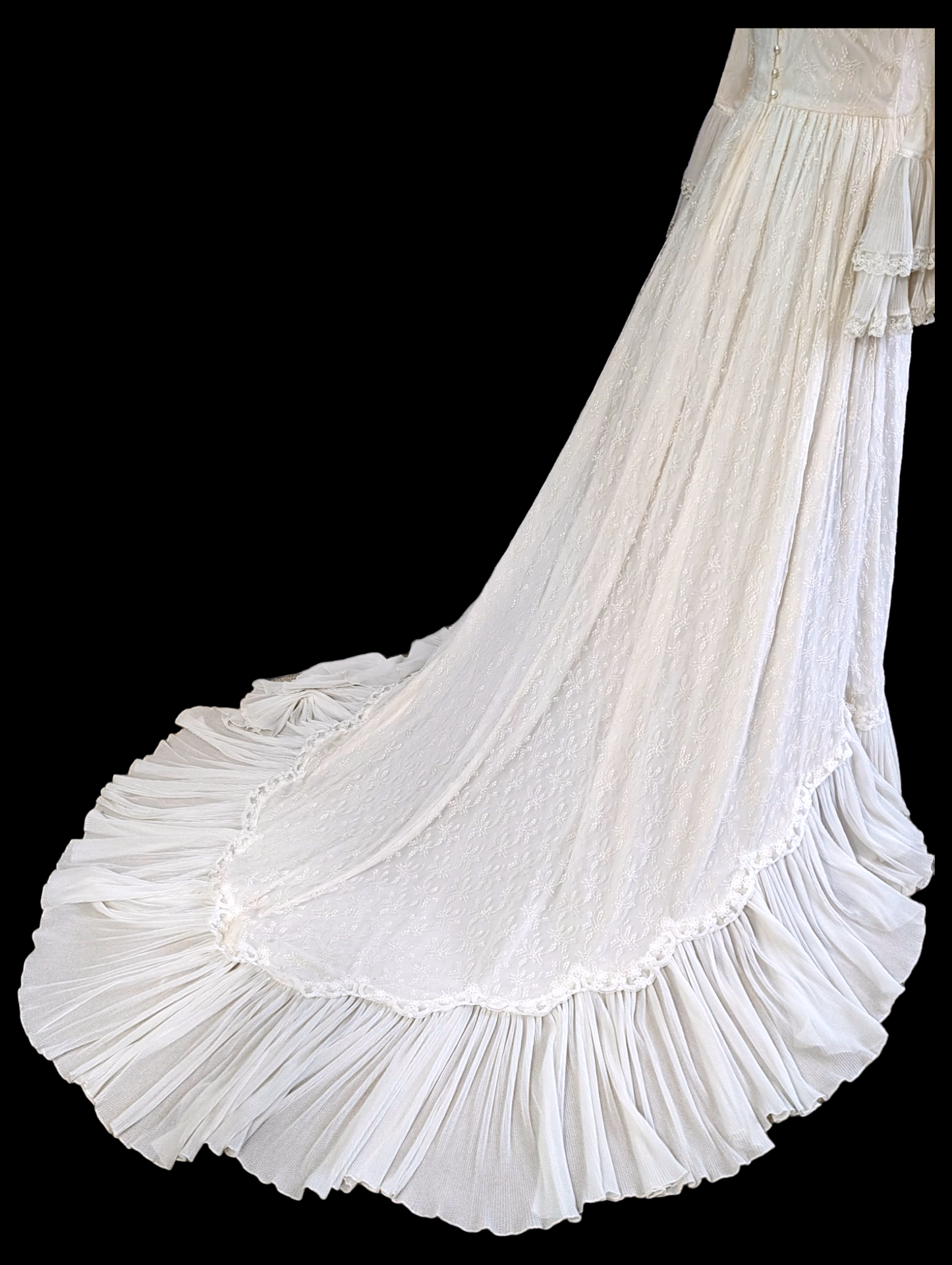 Vintage Creations by Aria Renaissance Revival Wedding Dress with High Collar, Plume, and Bell Sleeves from Sallie's Bridal