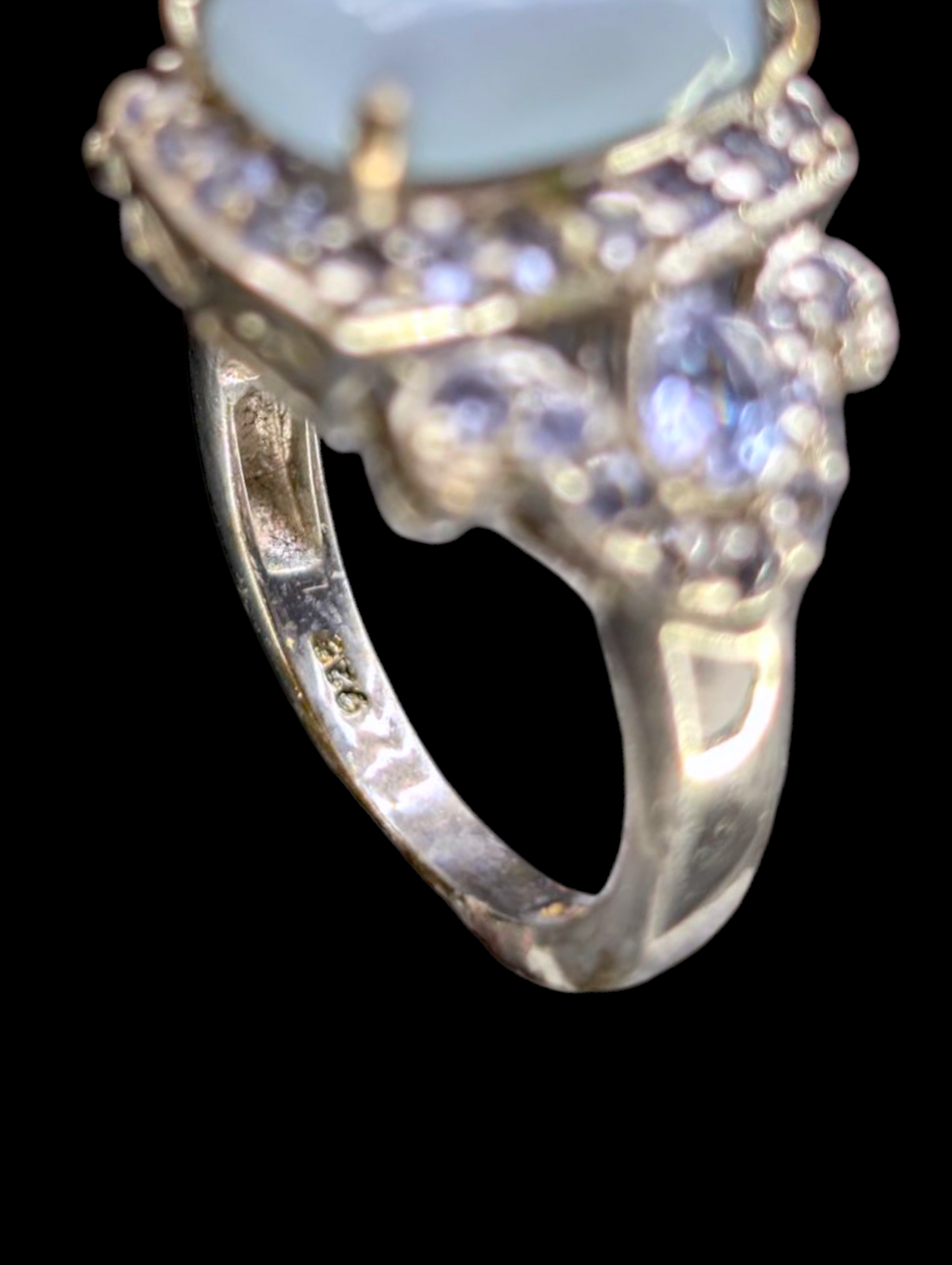 Vintage Earth Mined Genuine Blue Chalcedony and Tanzanite Halo Sterling Silver Ring