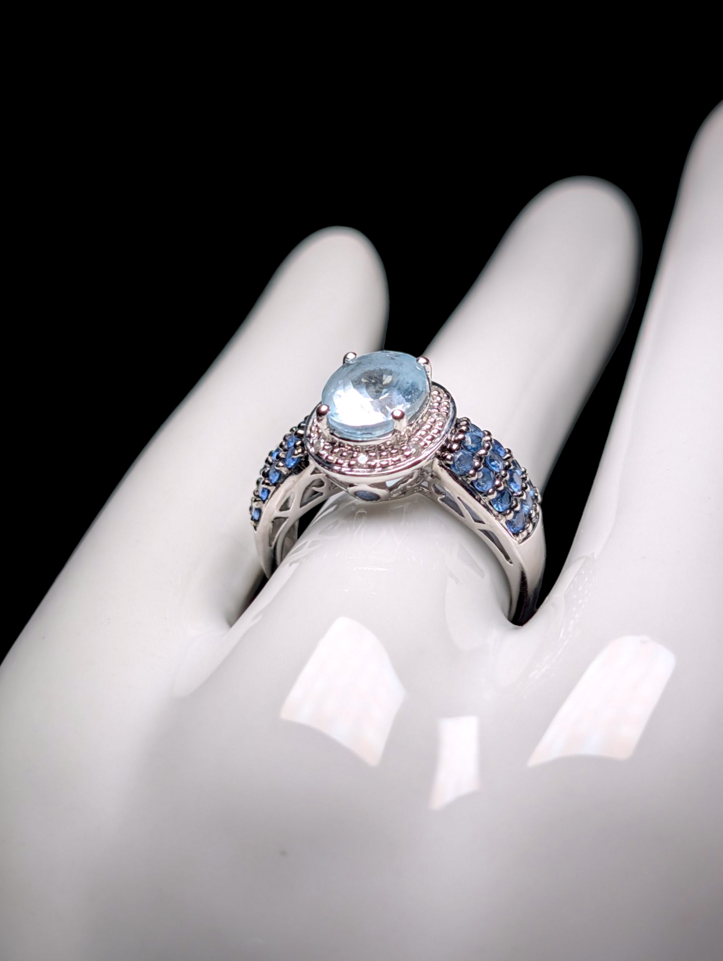 Vintage 10k White Gold Genuine Aquamarine Oval Cut Solitaire with Blue Sapphire Accent Stones and Diamond Accented Halo Ring