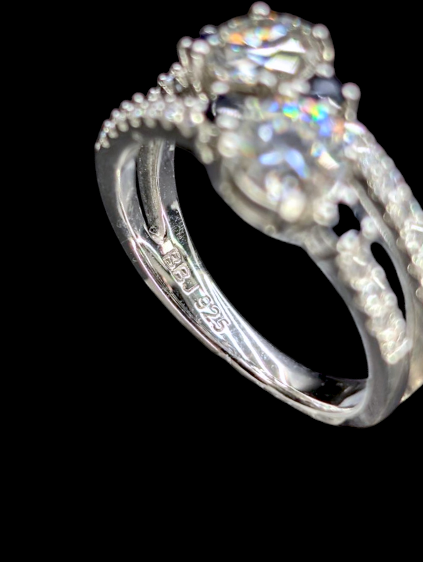 Genuine Moissanite and Blue Sapphire Rhodium over Sterling Silver Split Shank Ring