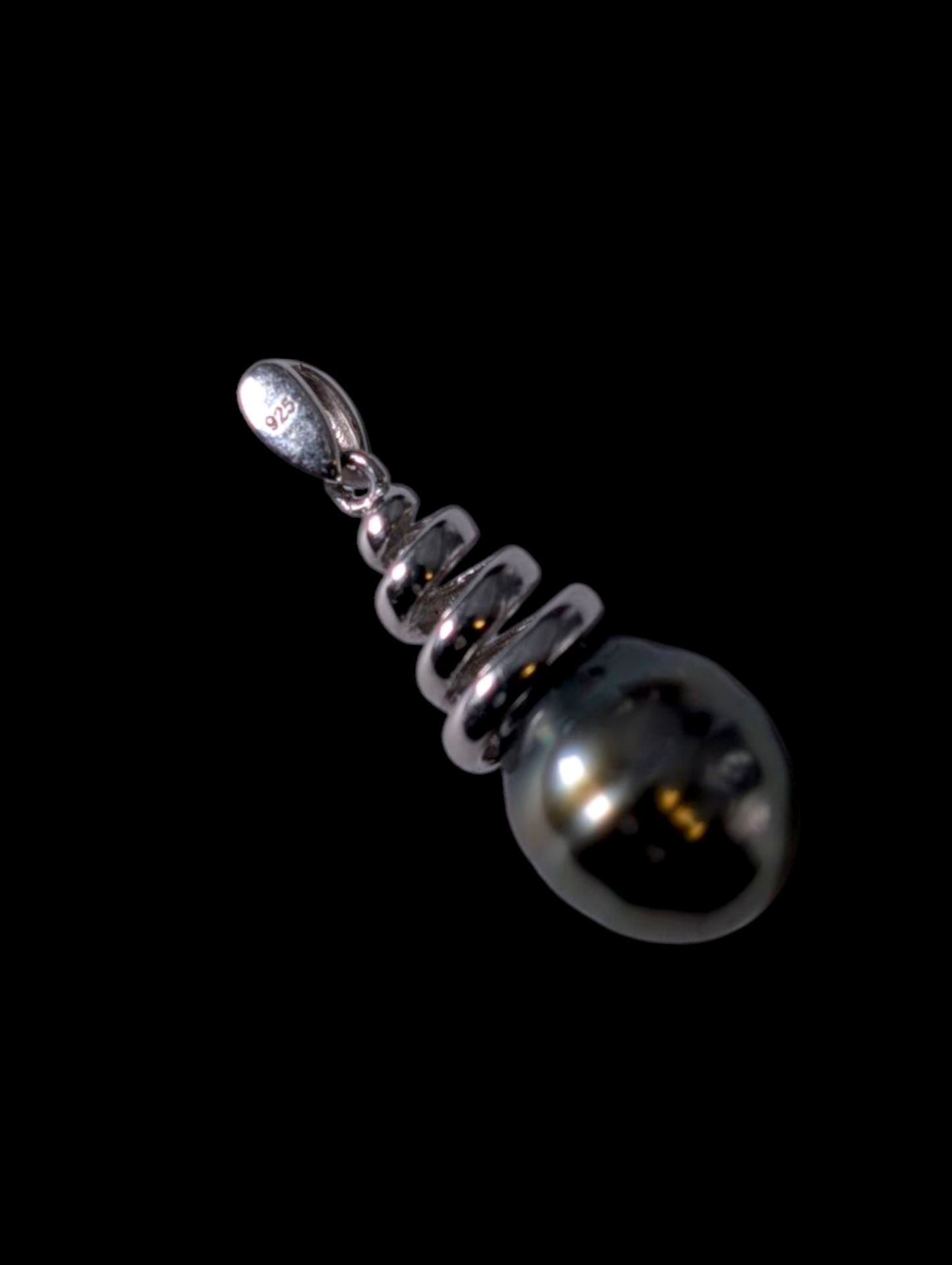 Vintage Tahitian Genuine Silver Pearl and White Topaz Spiral Pendant in Sterling Silver