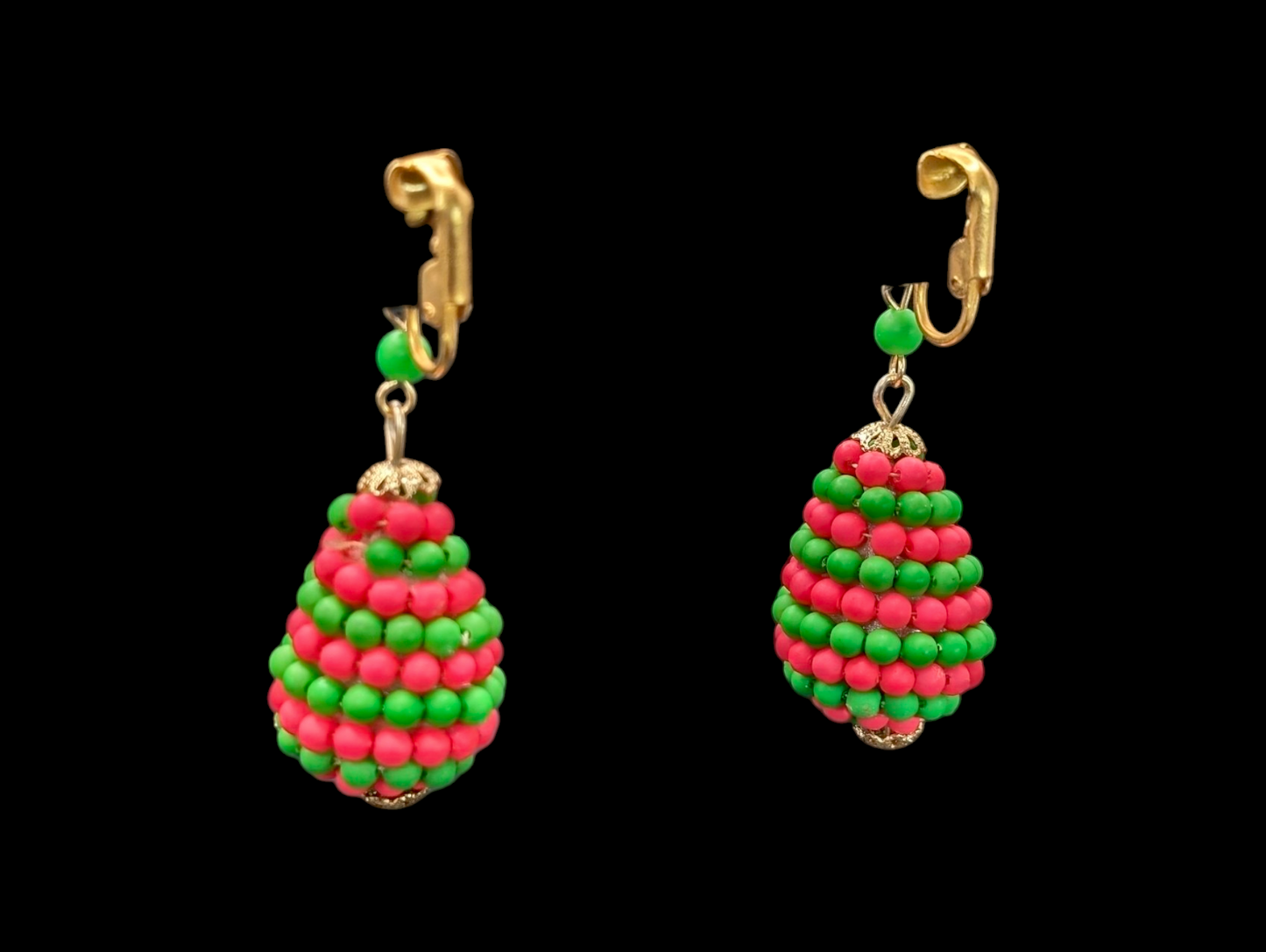 1960s - 1970s Mod Neon Pink and Electric Green Beaded Tear Drop Dangle Earrings