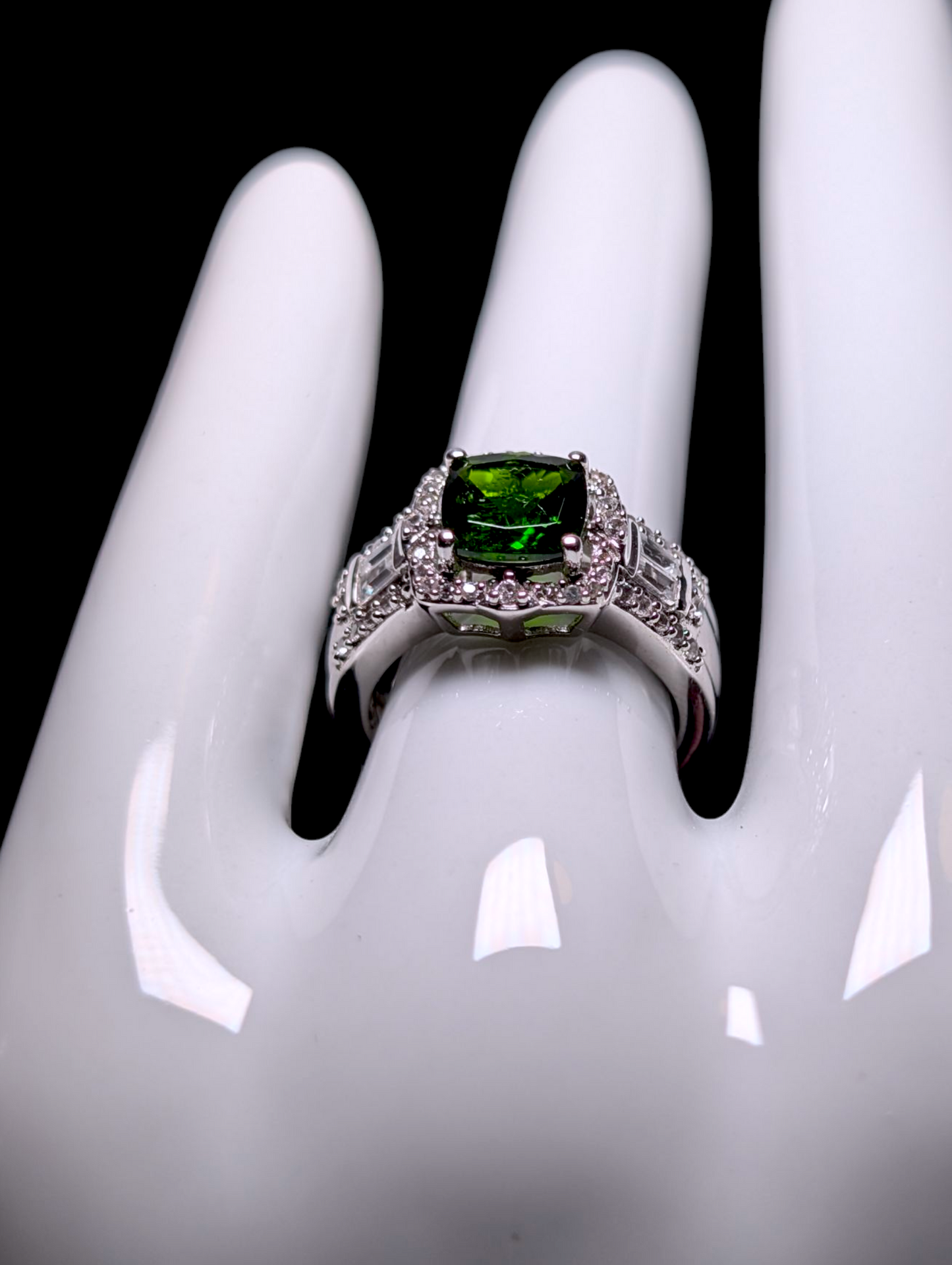 Vintage Cushion Cut Solitaire Emerald Green Genuine Chrome Diopside and White Topaz Halo Sterling Silver Ring