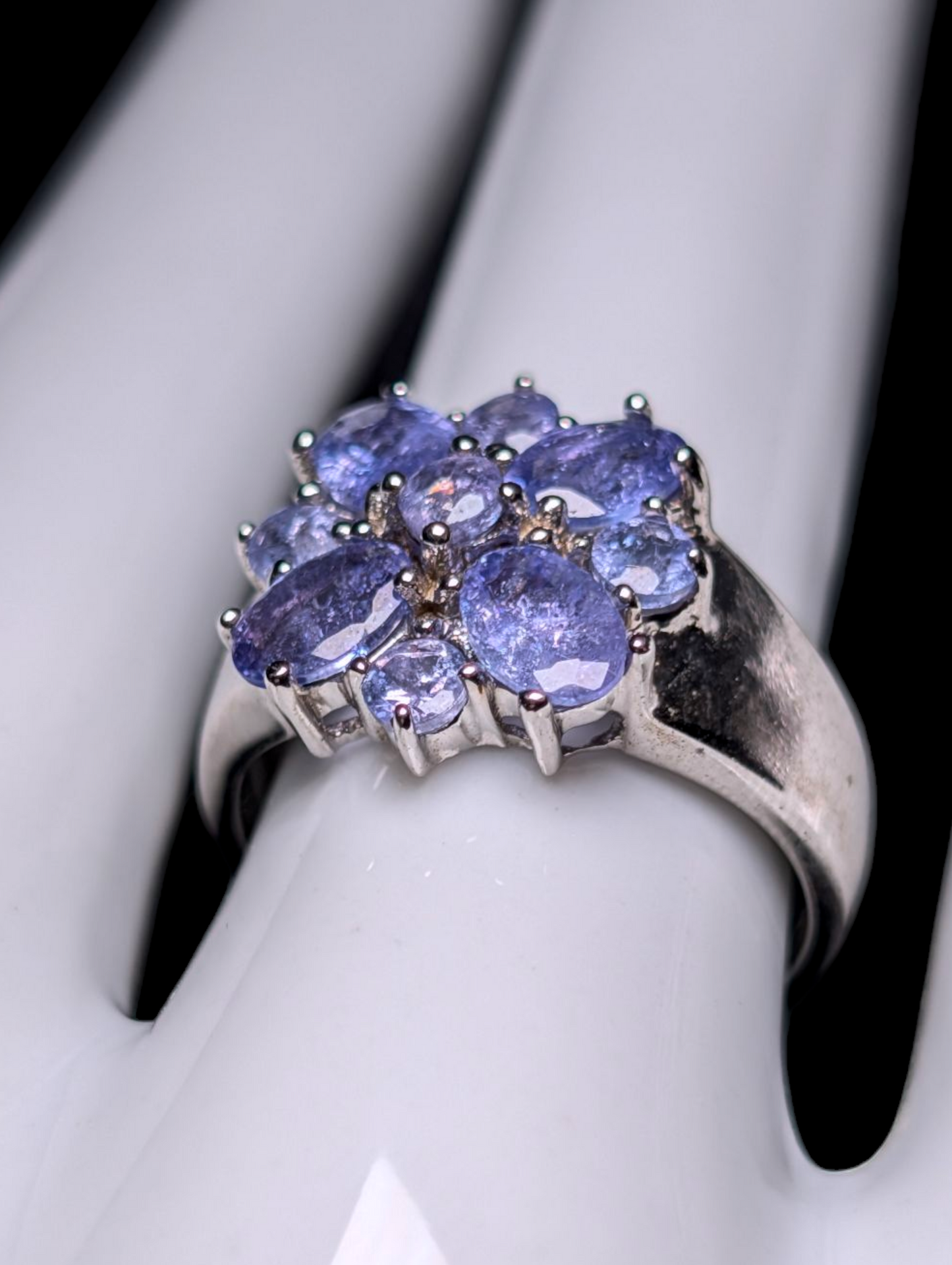 Vintage Earth Mined Genuine Tanzanite Dazzling Flower Cluster Sterling Silver Ring