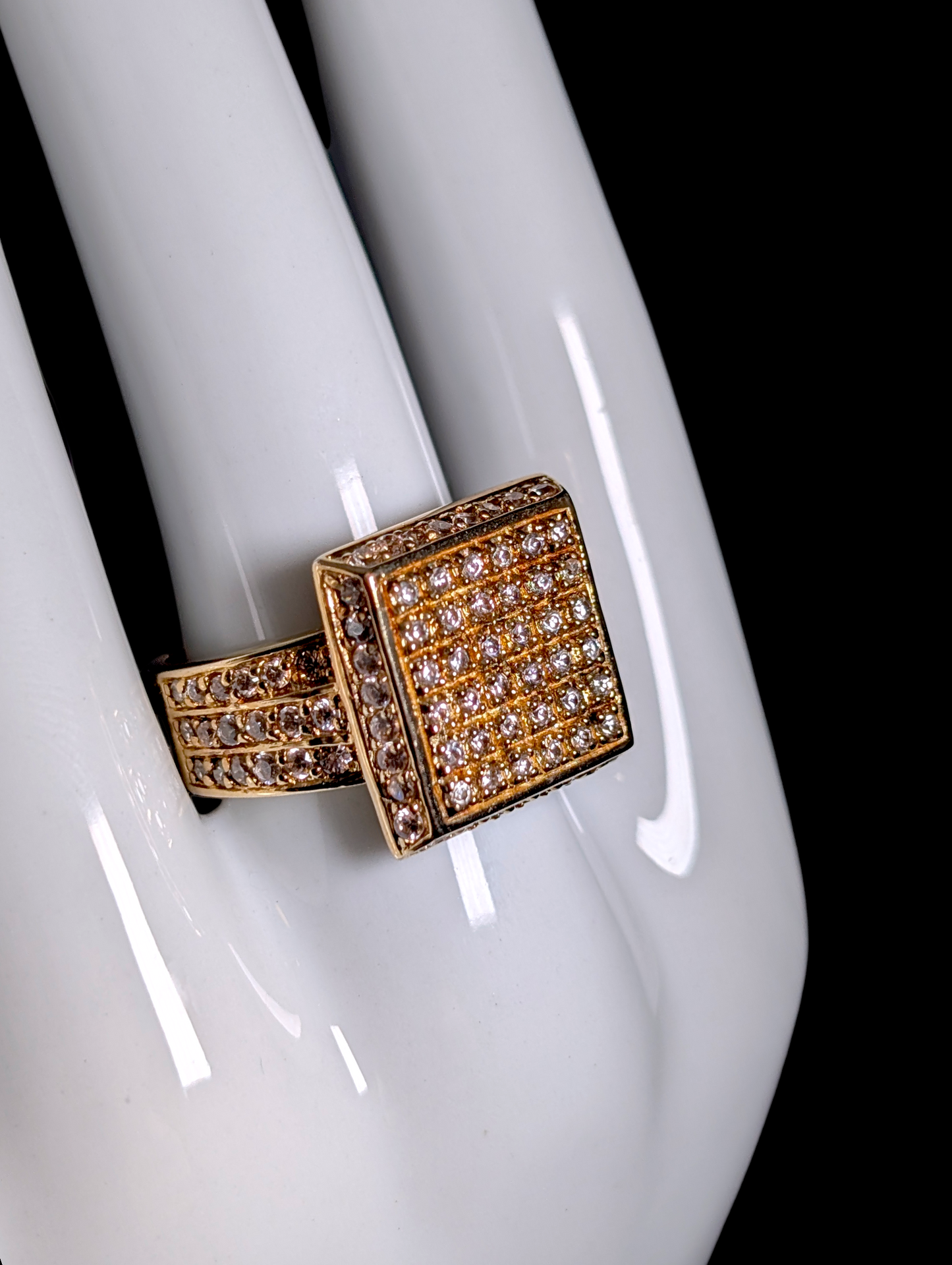 Vintage Large Dazzling Square Simulated Diamond Gold over Sterling Silver Statement Ring