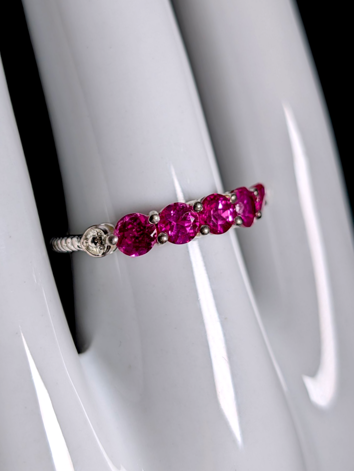 Vintage Round Cut Five Stone Genuine Hot Pink Sapphire Sterling Silver Stackable Ring Band