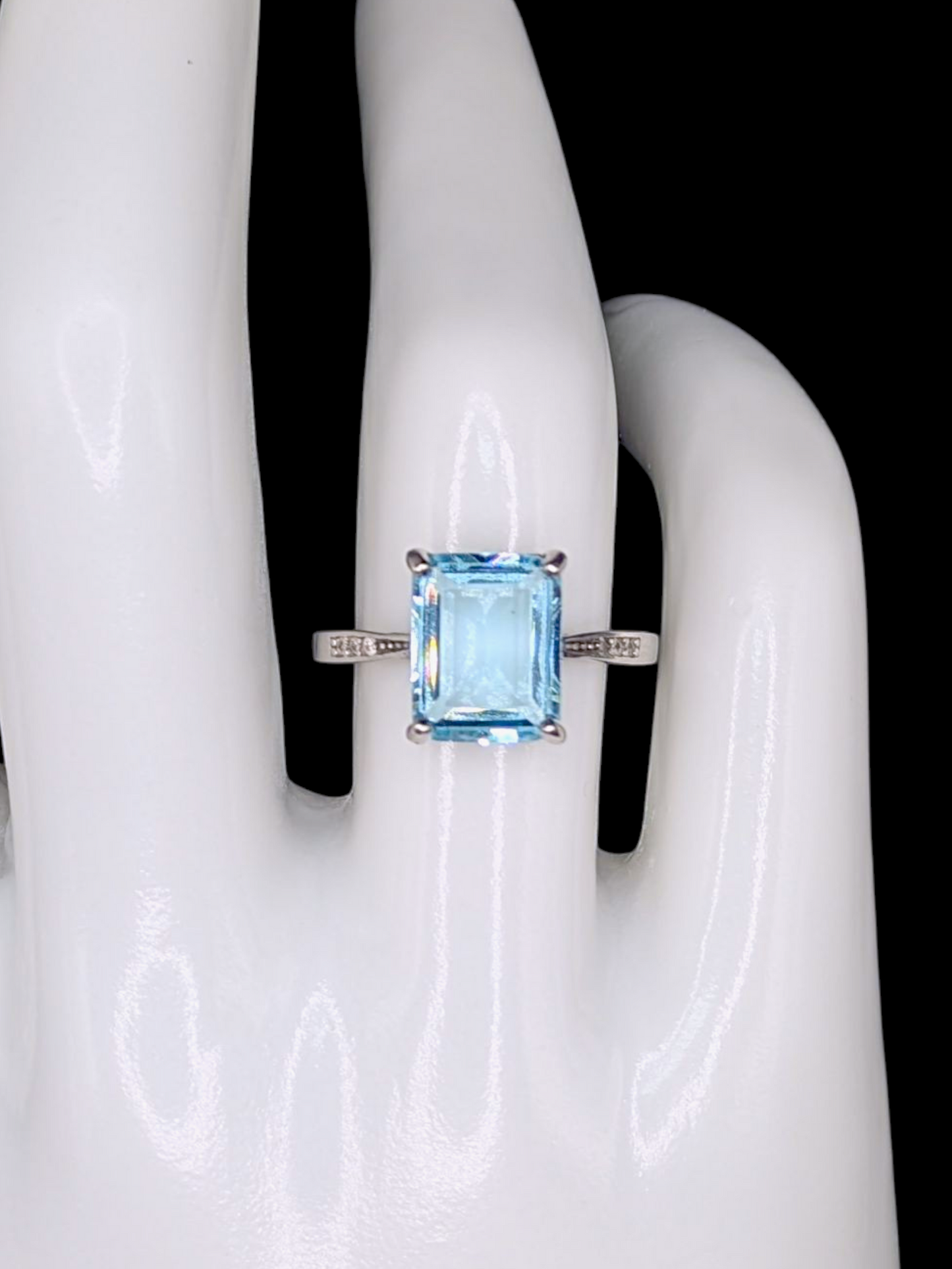 Vintage Emerald Cut Simulated Blue Topaz Solitaire Sterling Silver Ring