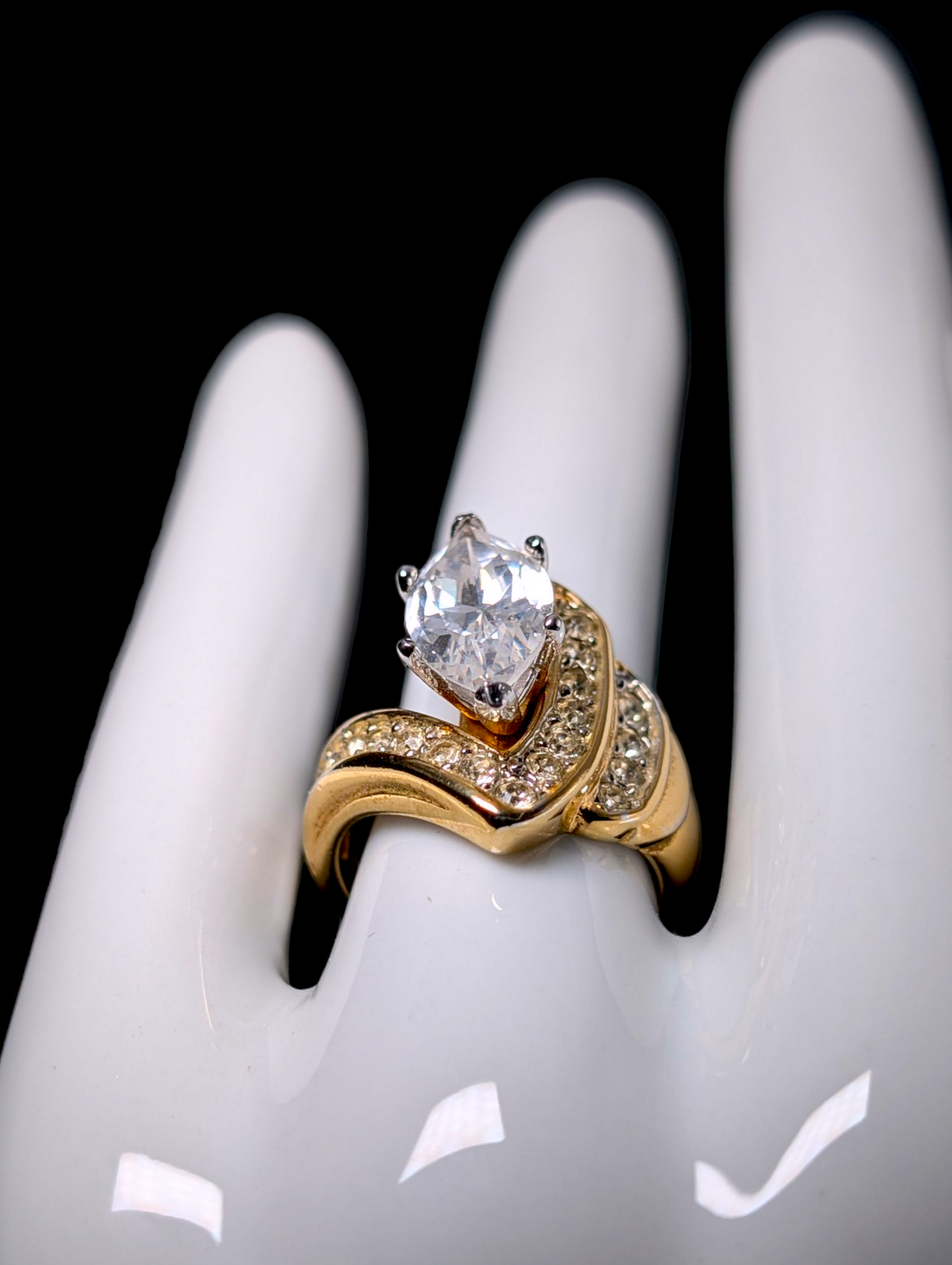 Vintage Marquise Cut Solitaire Simulated Diamond 14K HGE Gold Espo Statement Cocktail Ring