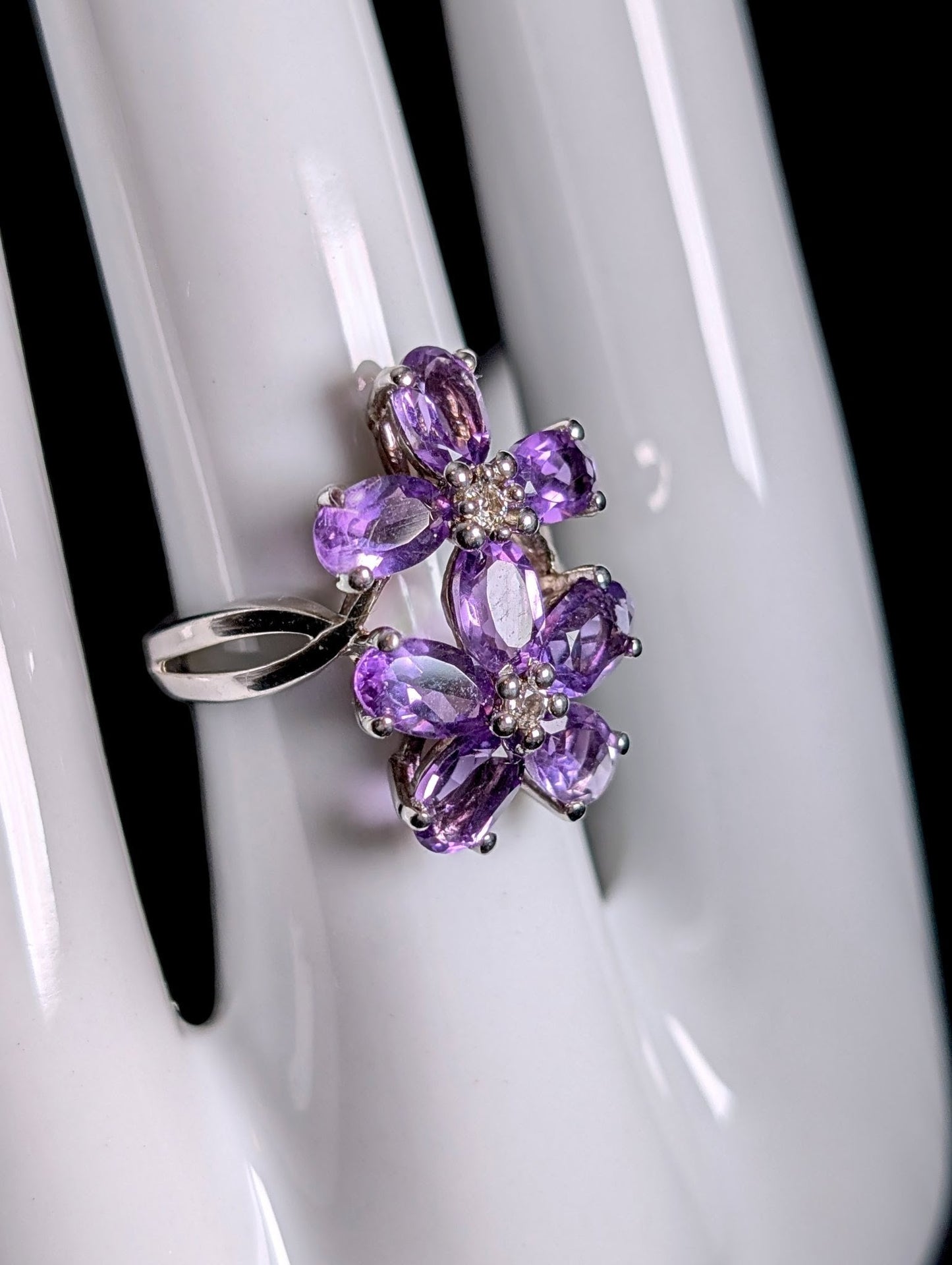 Vintage Double Flower Genuine Amethyst and White Zircon Center Sterling Silver Ring