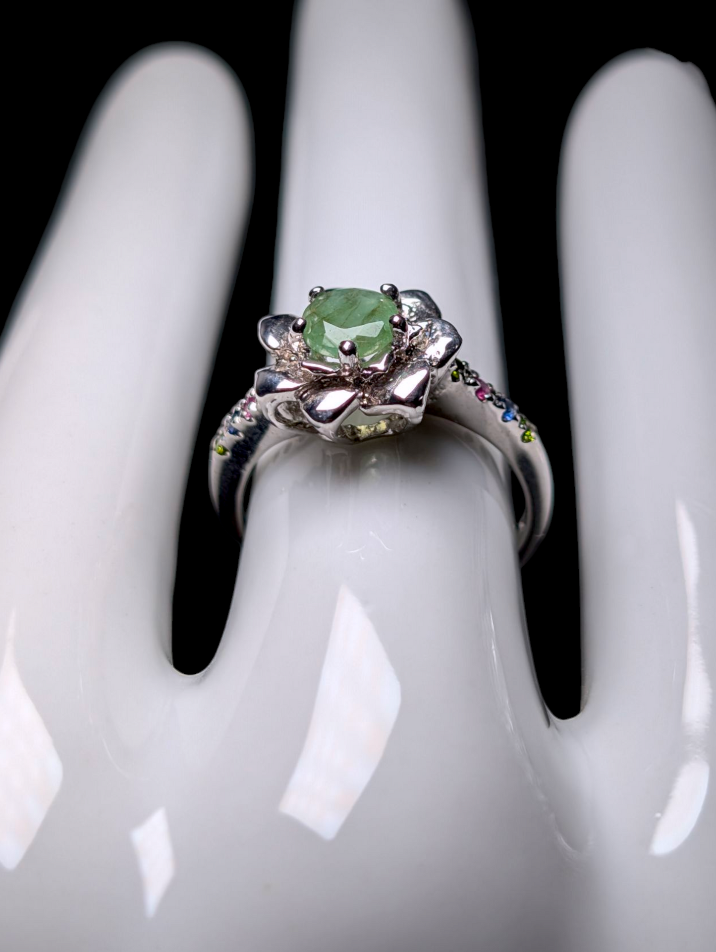 Vintage Multi-stone Earth Mined Round Cut Genuine Emerald Solitaire with Ruby, Chrome Diopside and Sapphire Accented Flower Sterling Silver Ring