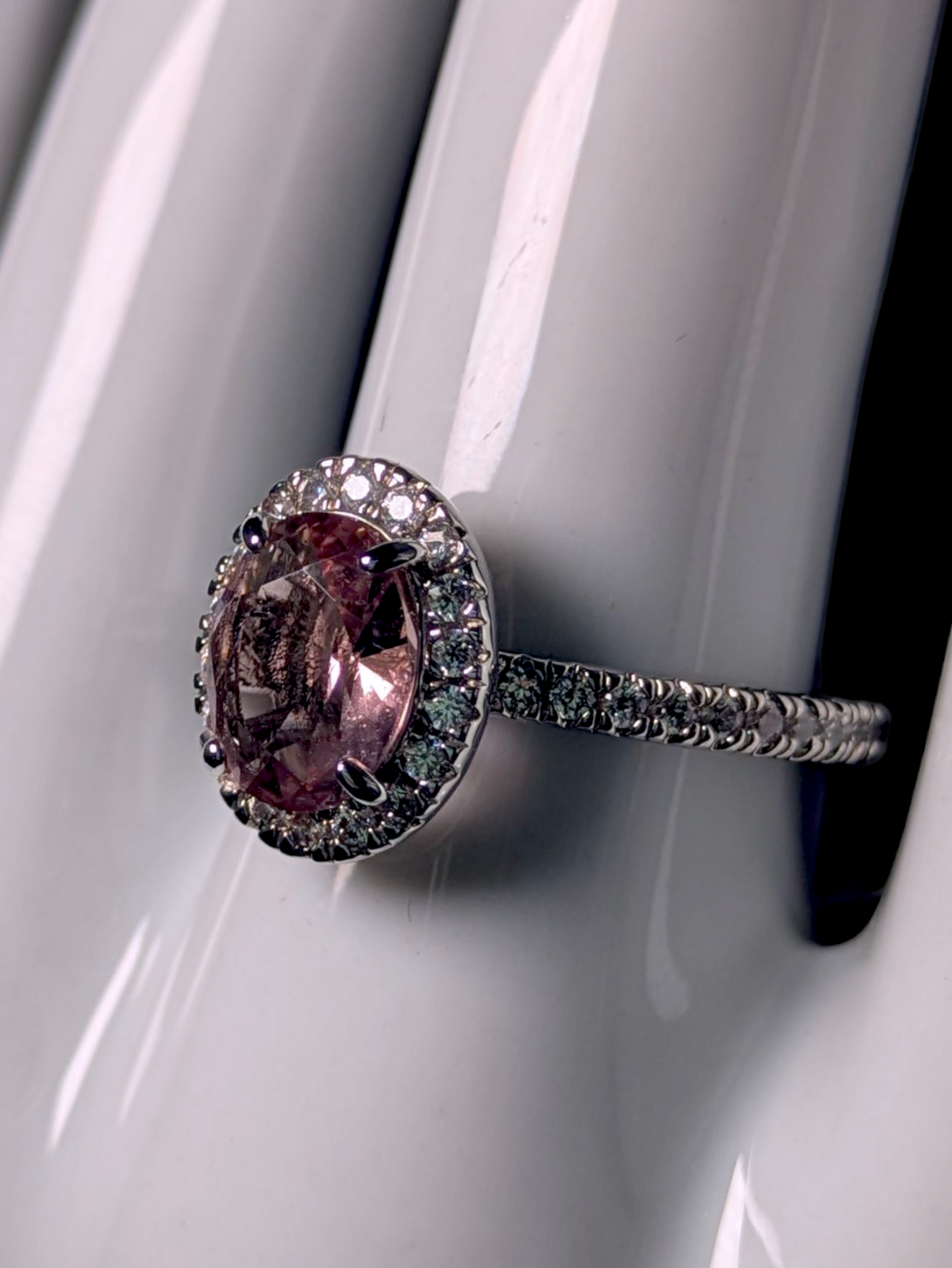 Vintage Inspired Oval Cut Simulated Morganite Solitaire with Simulated Diamond Halo Silver Toned Ring