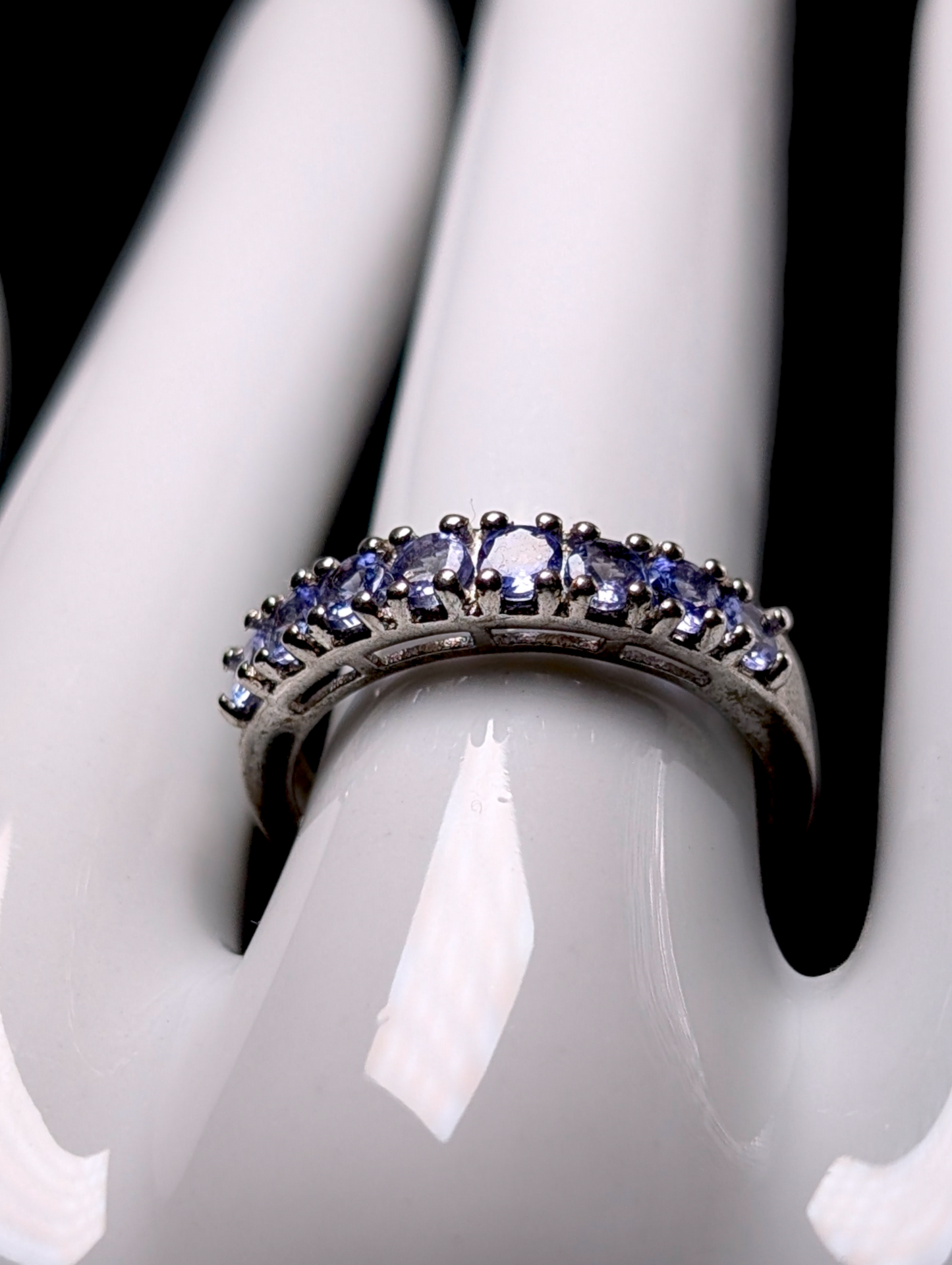 Vintage Half Eternity Band Round Cut Earth Mined Genuine Tanzanite Sterling Silver Ring