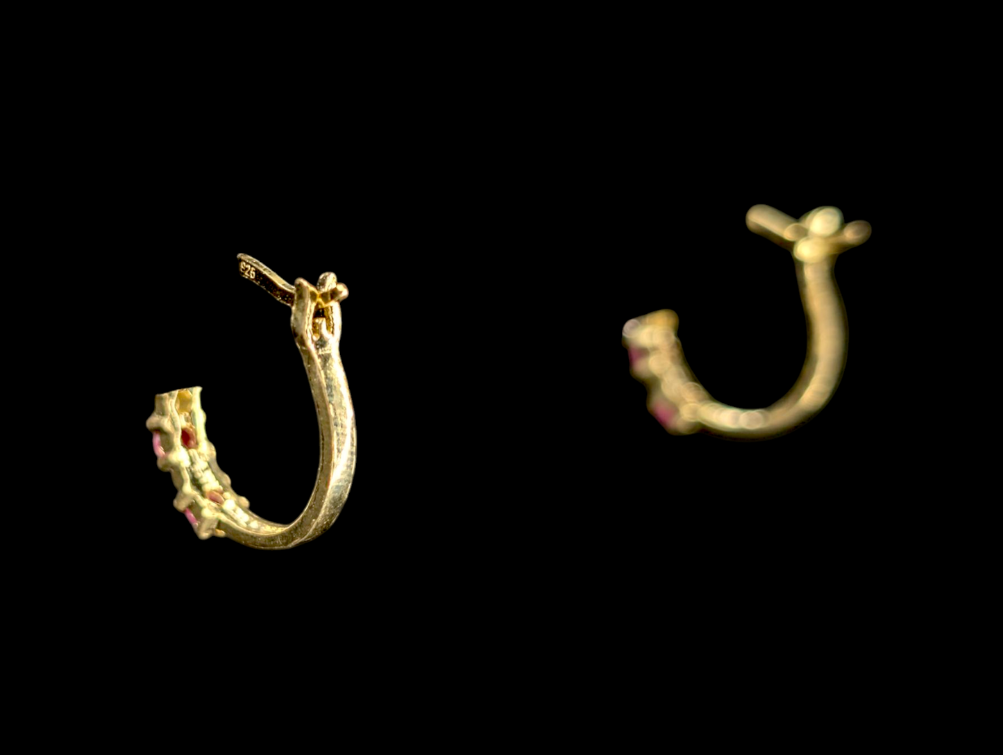 Vintage 14k Yellow Gold Vermeil Genuine Thai Ruby and Diamond Hoop Earrings