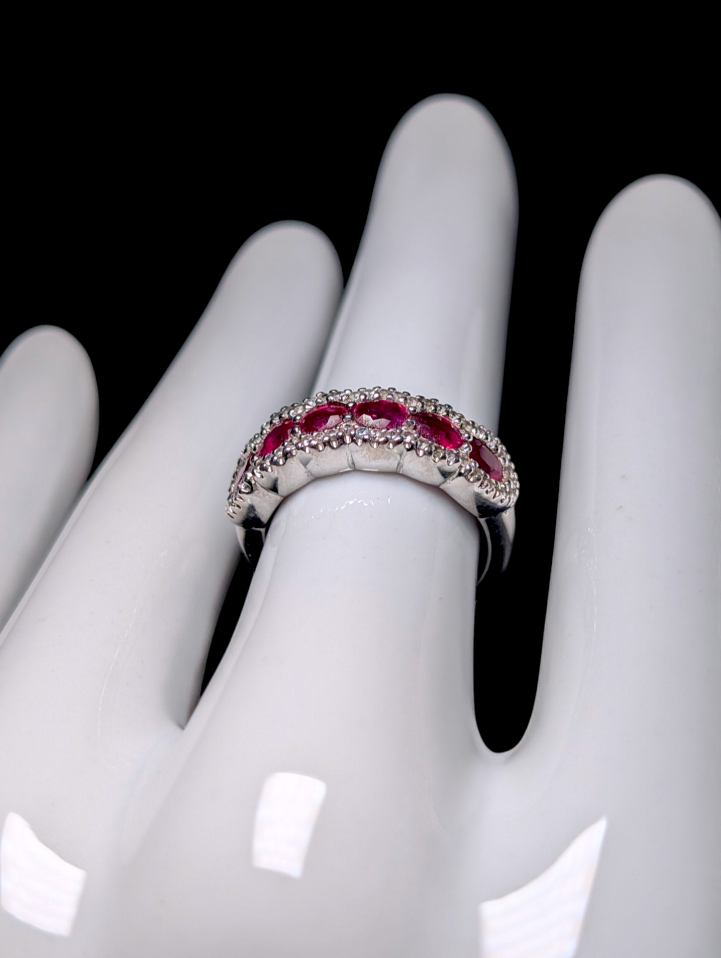Vintage Oval Cut 6 Stone Genuine Red Ruby and White Zircon Accented Halo Sterling Silver Anniversary Band Ring