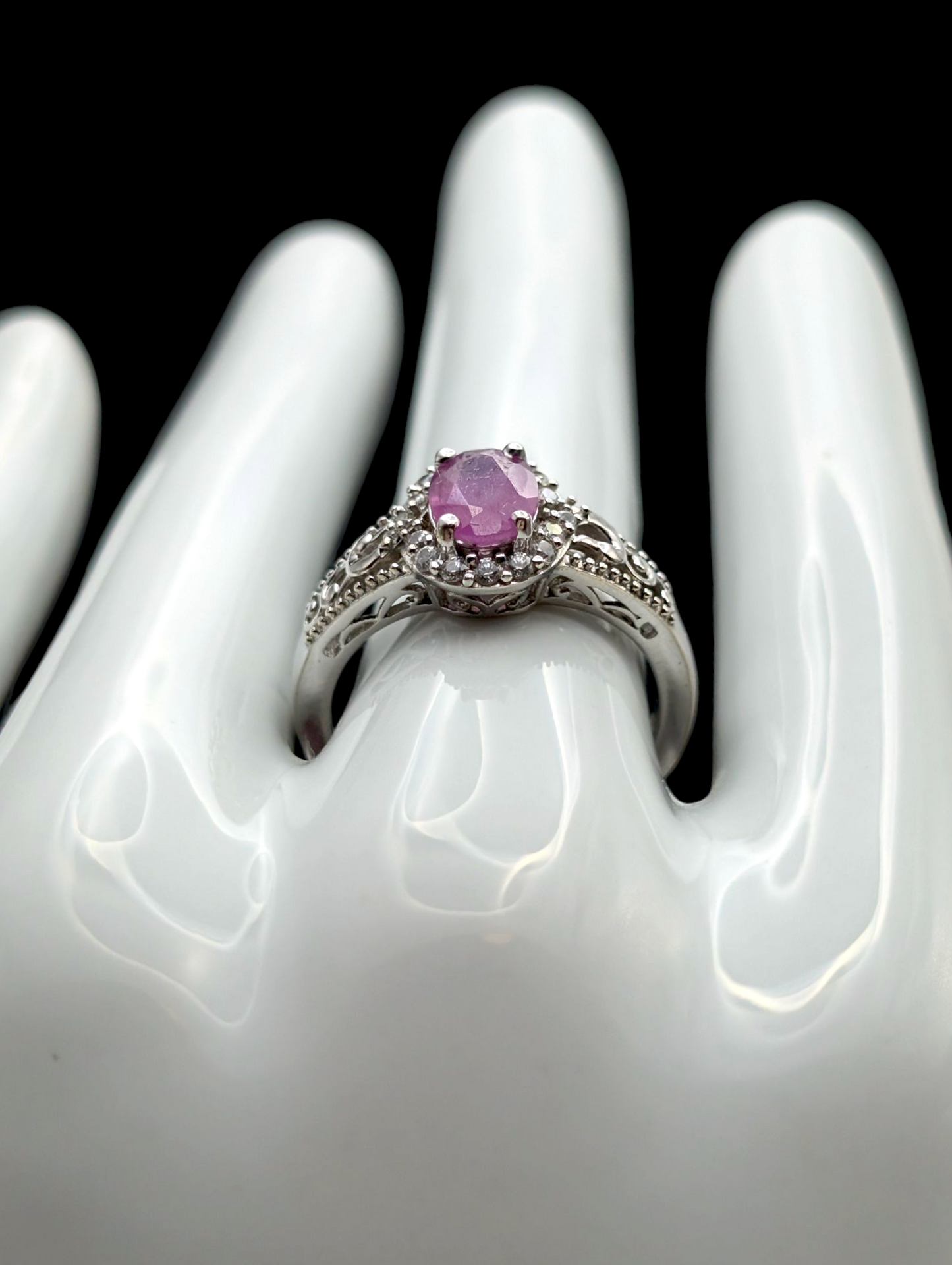 Vintage Oval Cut Solitaire Genuine Pink Sapphire Ruby with White Topaz Halo Sterling Silver Ring