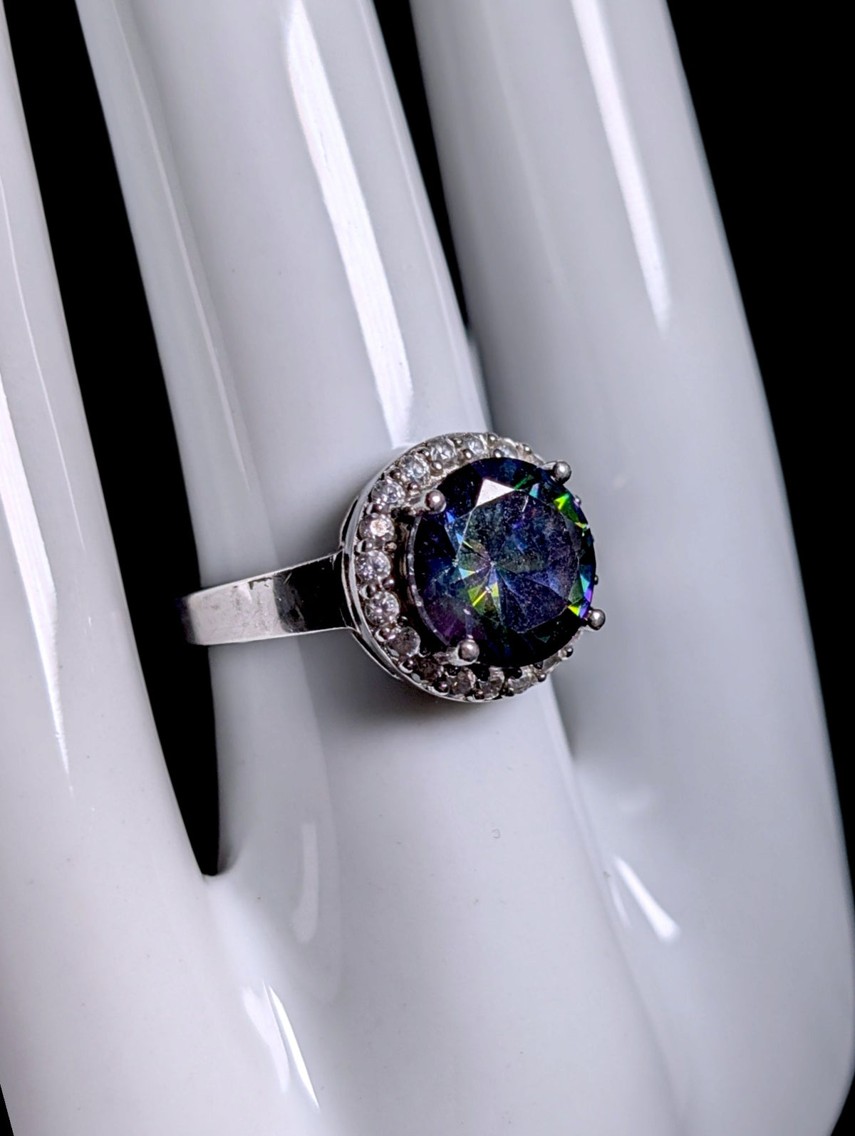 Vintage Simulated Mystic Topaz Solitaire and Diamond Halo Sterling Silver Ring