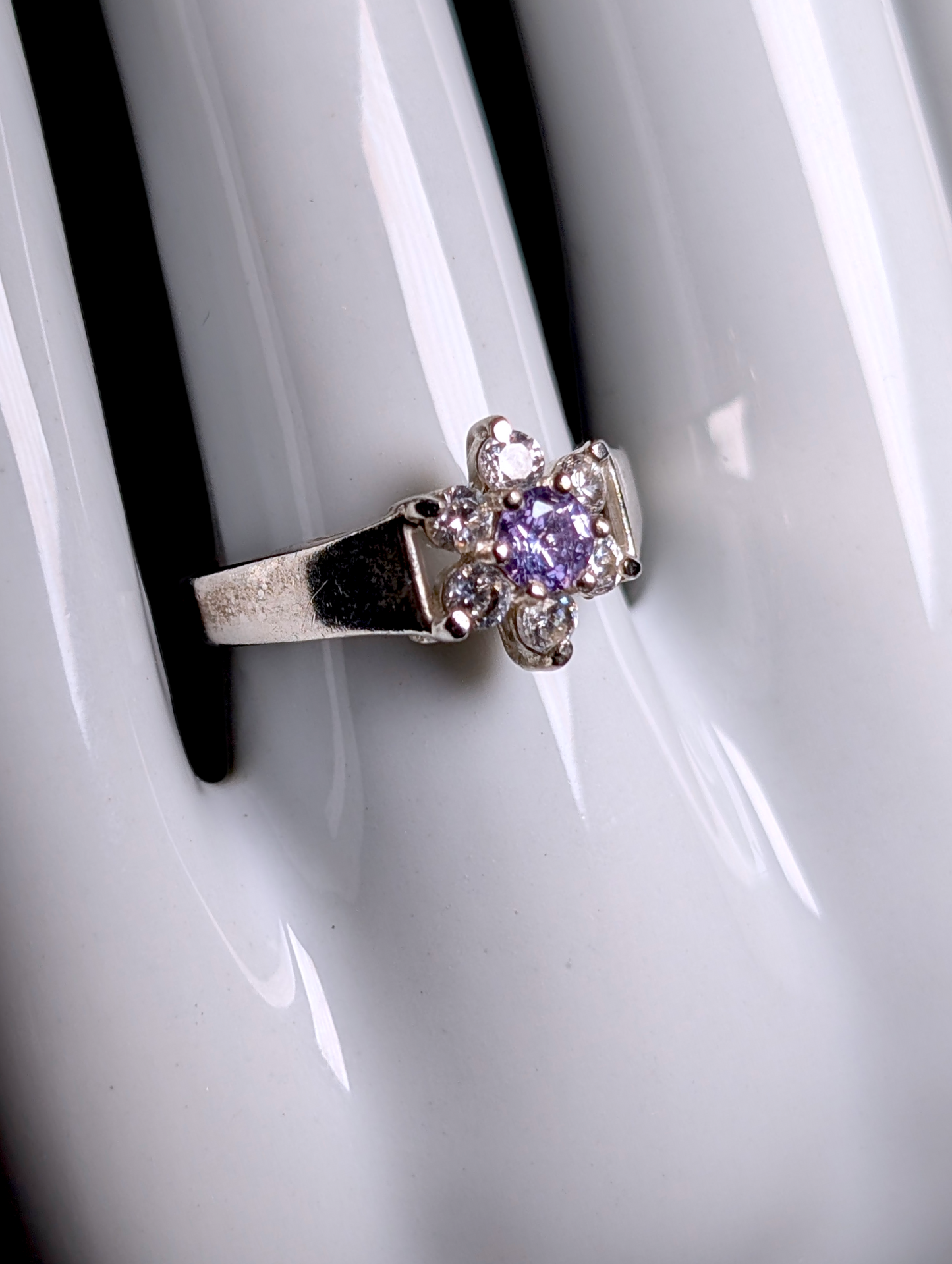 Vintage Simulated Amethyst Solitaire and Simulated Diamond Accent Stones Sterling Silver Flower Ring