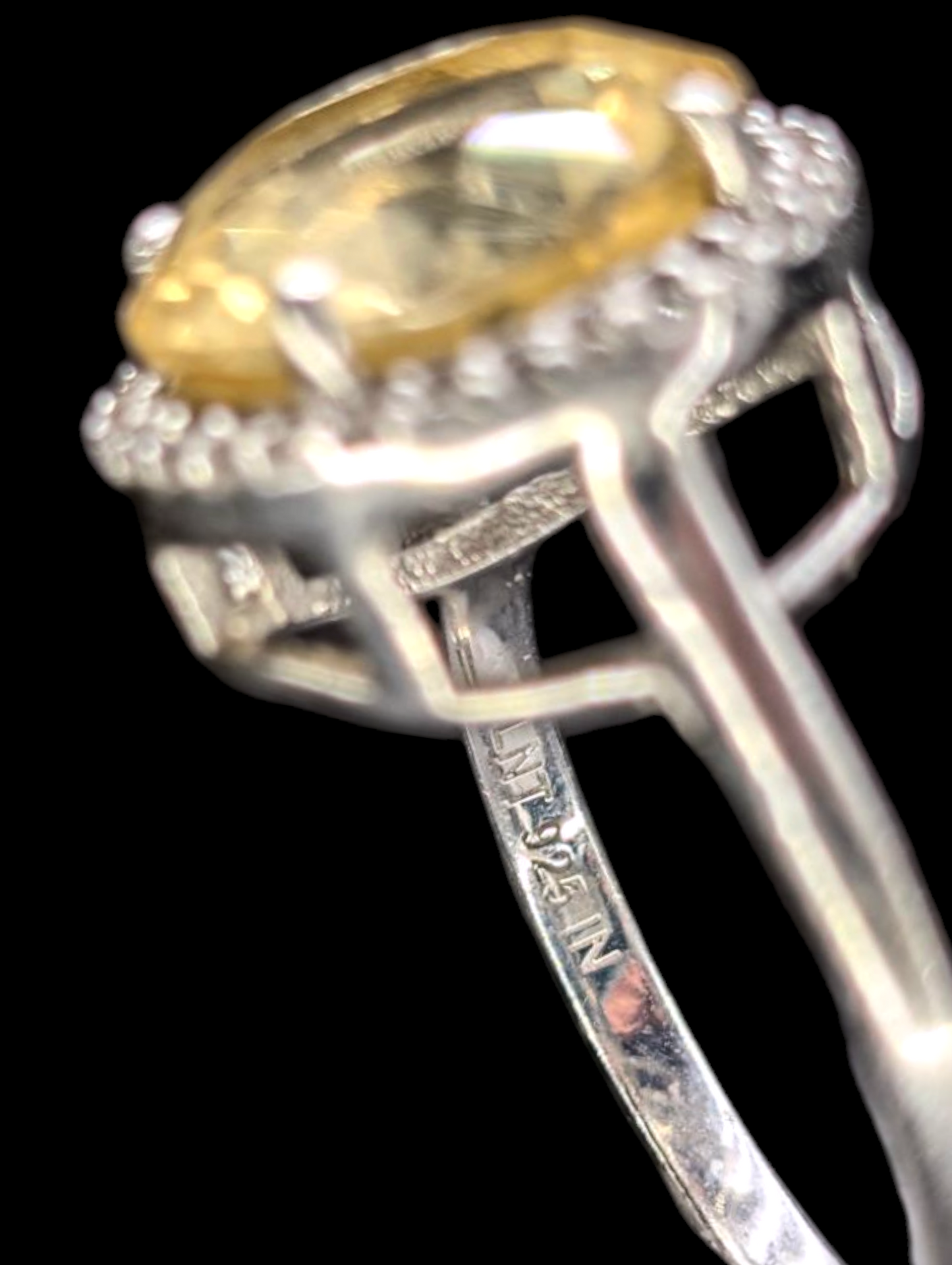 Vintage Large 6 Carat Round Cut Genuine Citrine Solitaire and White Topaz Halo Sterling Silver Ring
