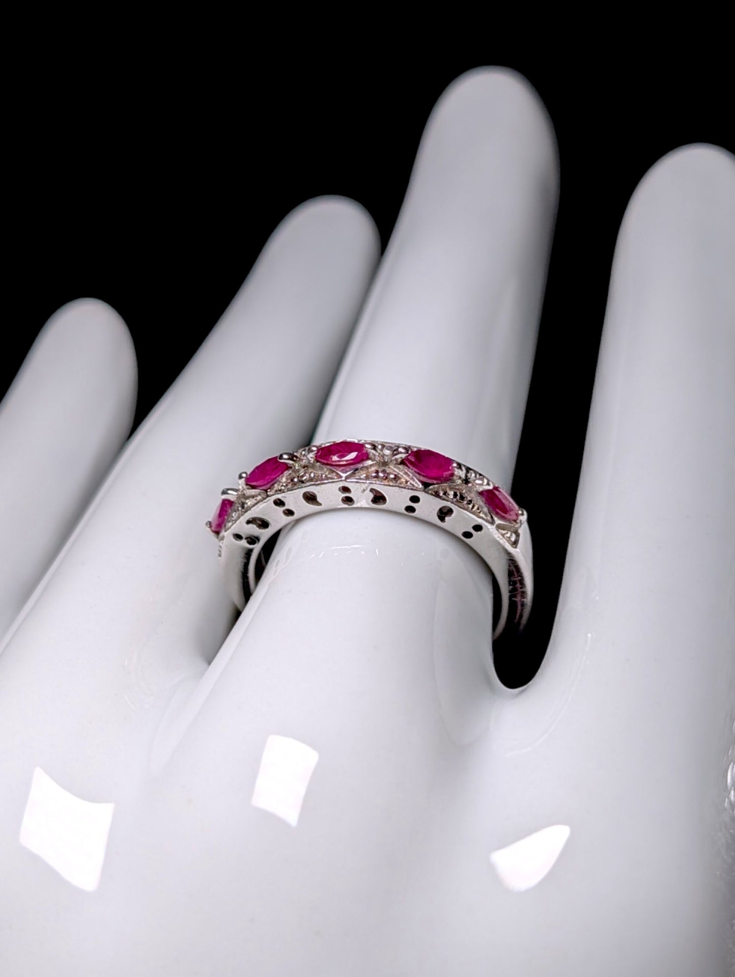 Vintage Marquise Row Genuine Ruby Eternity Band Sterling Silver Ring