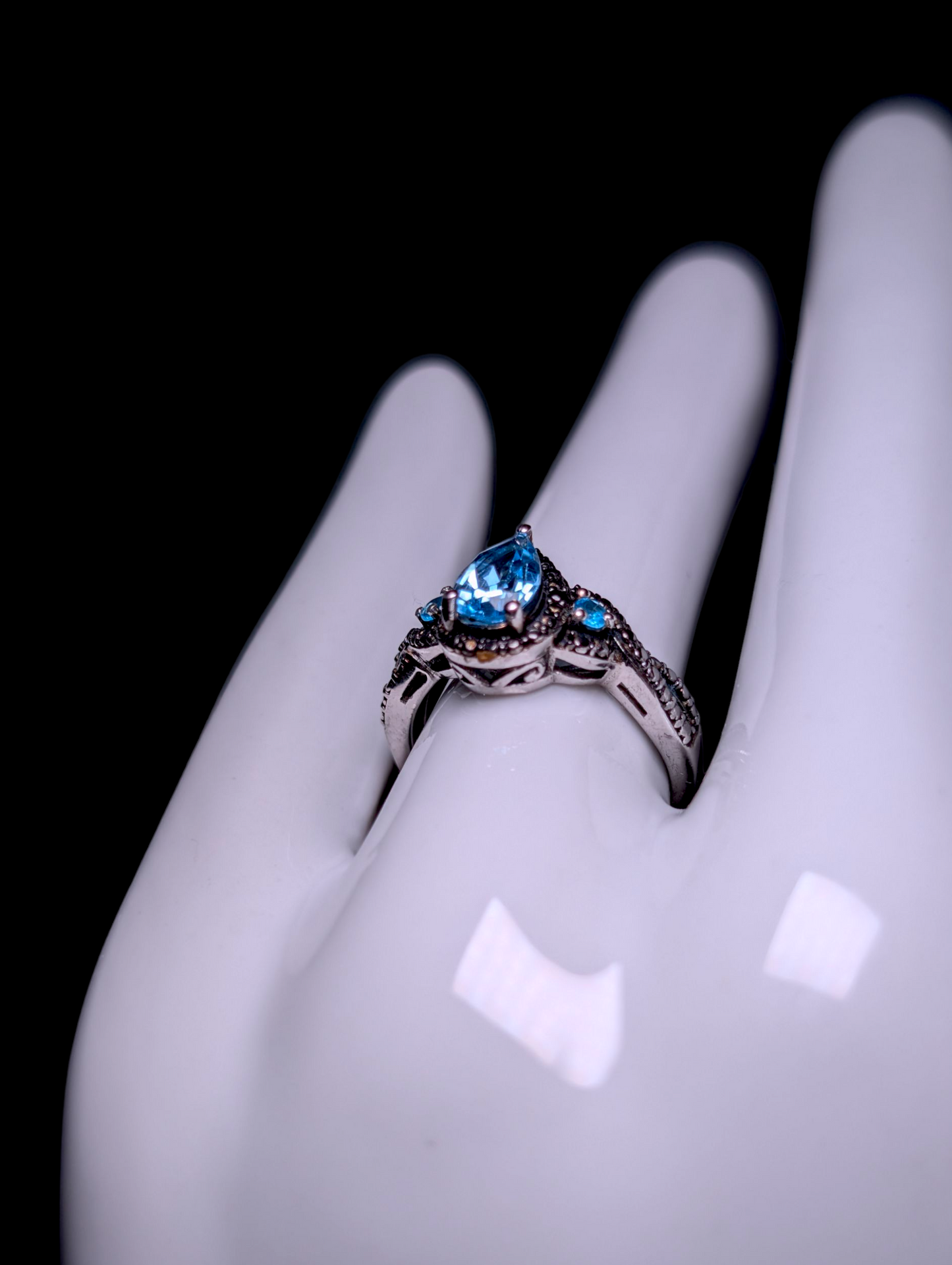Vintage Pear Cut Solitaire Genuine London Blue Topaz Black Rhodium over Sterling Silver Ring