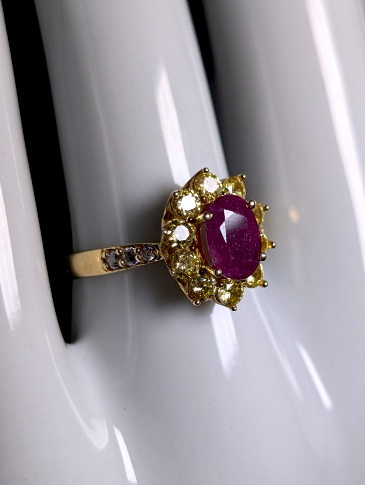 Vintage Oval Cut Genuine Ruby Solitaire with Simulated Yellow Diamond Starburst Halo Gold over Sterling Ring