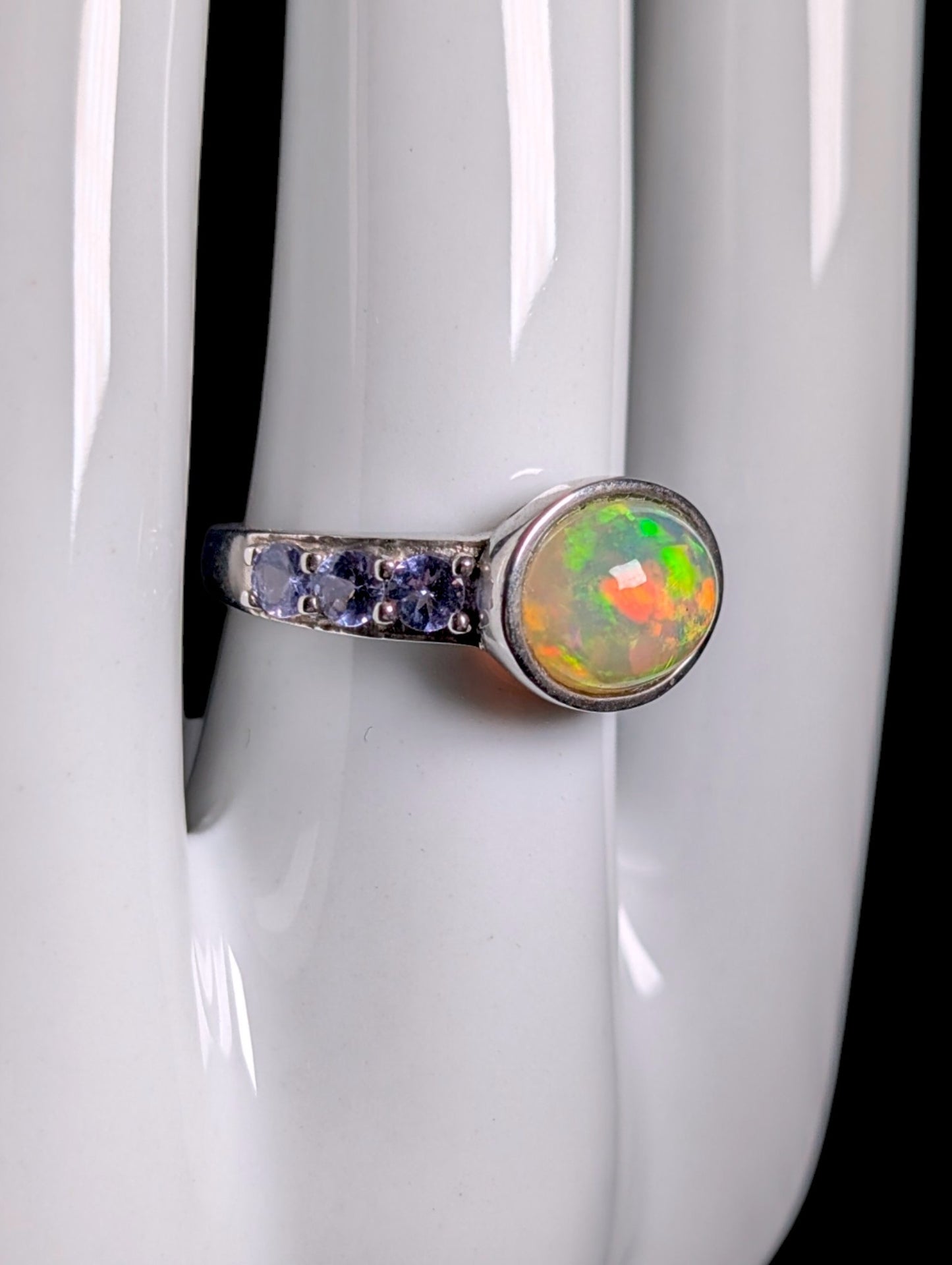 Vintage Genuine Opal Solitaire with Tanzanite Halo Sterling Ring