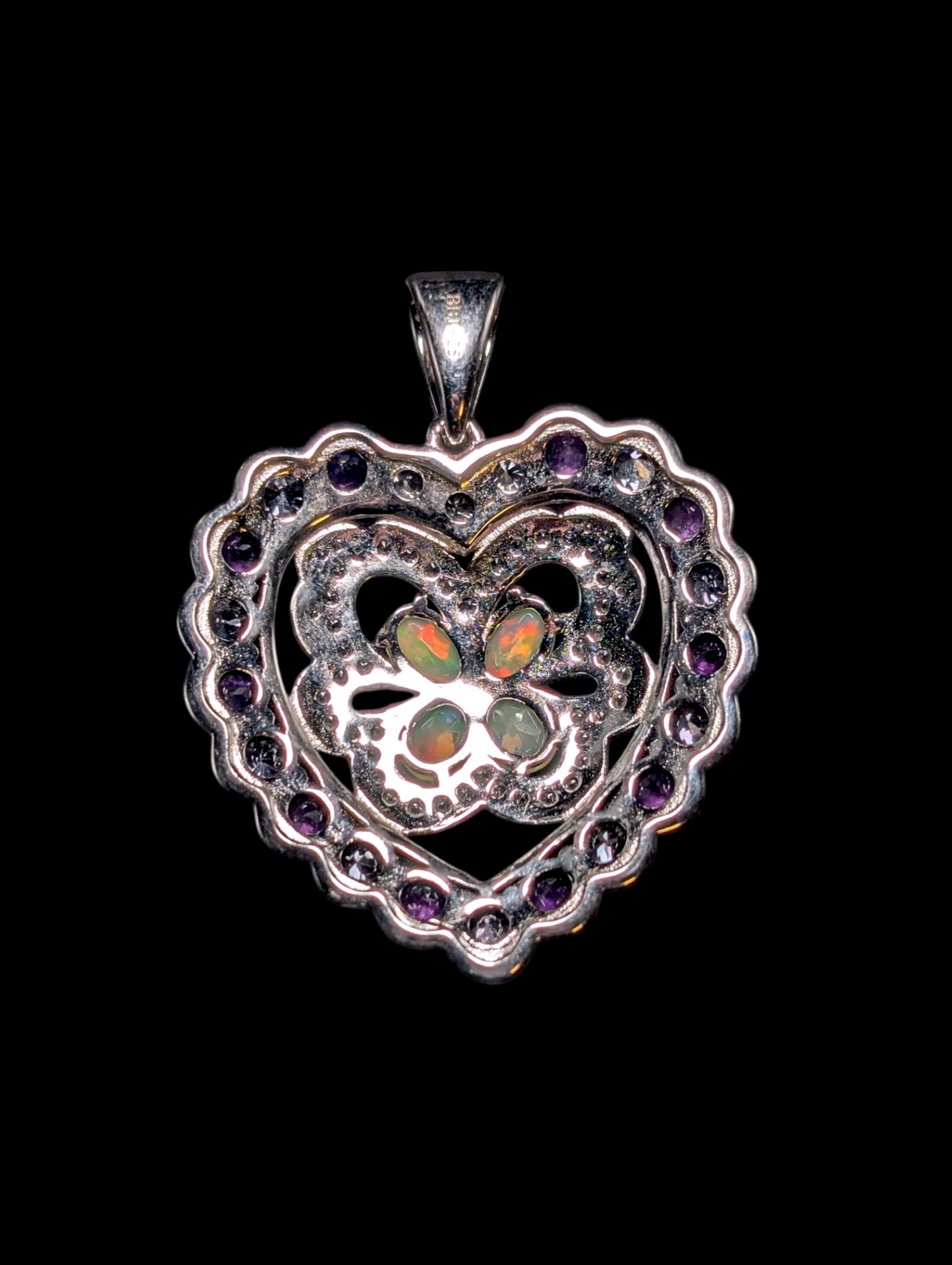 Vintage Butterfly and Heart Genuine Ethiopian Opal, Amethyst, Tanzanite and White Topaz Halo Sterling Silver Pendant