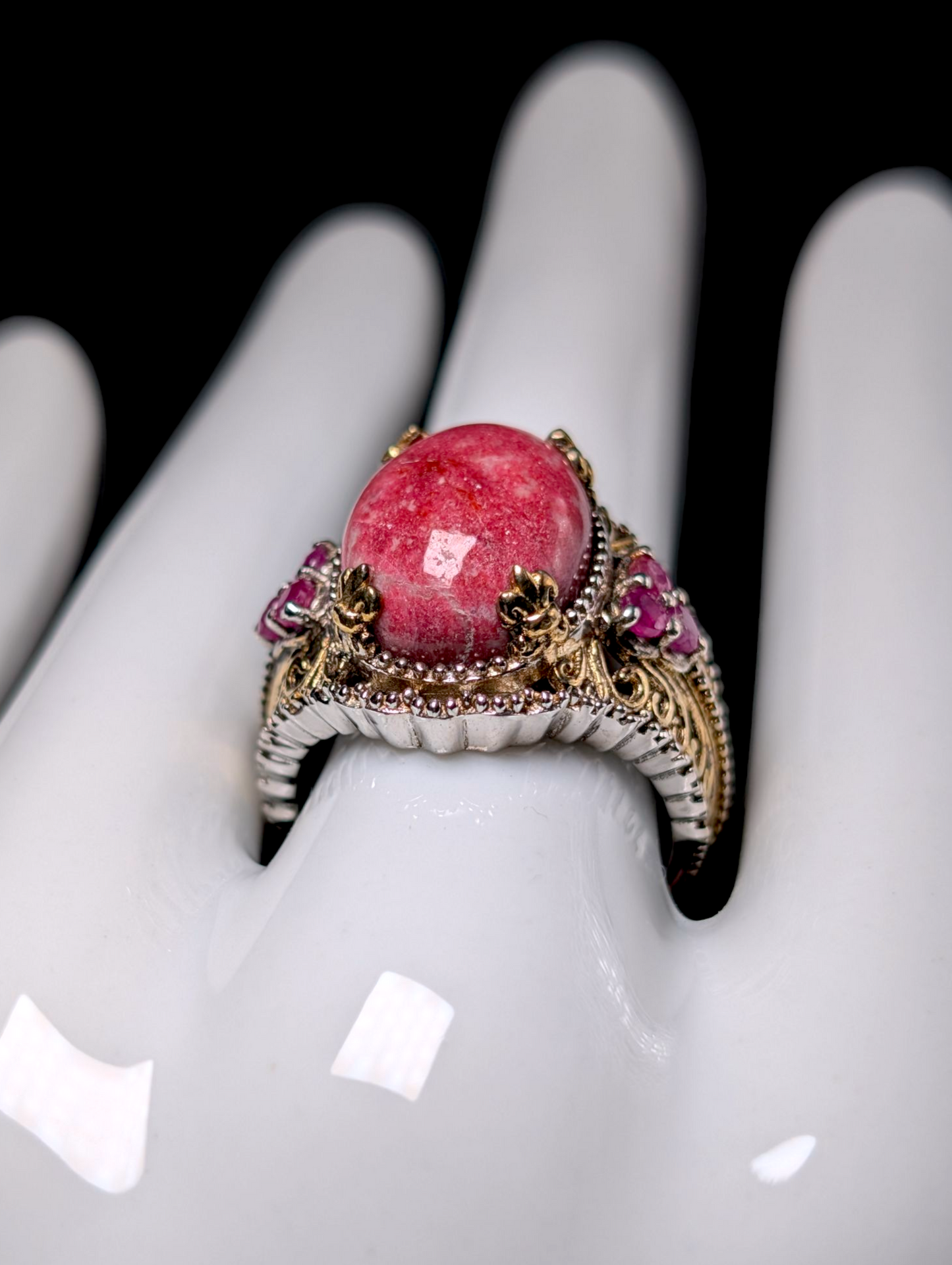 Vintage Earth Mined Genuine Thulite and Ruby Accent Stones 14k Yellow Gold Filigree and Sterling Silver Ring